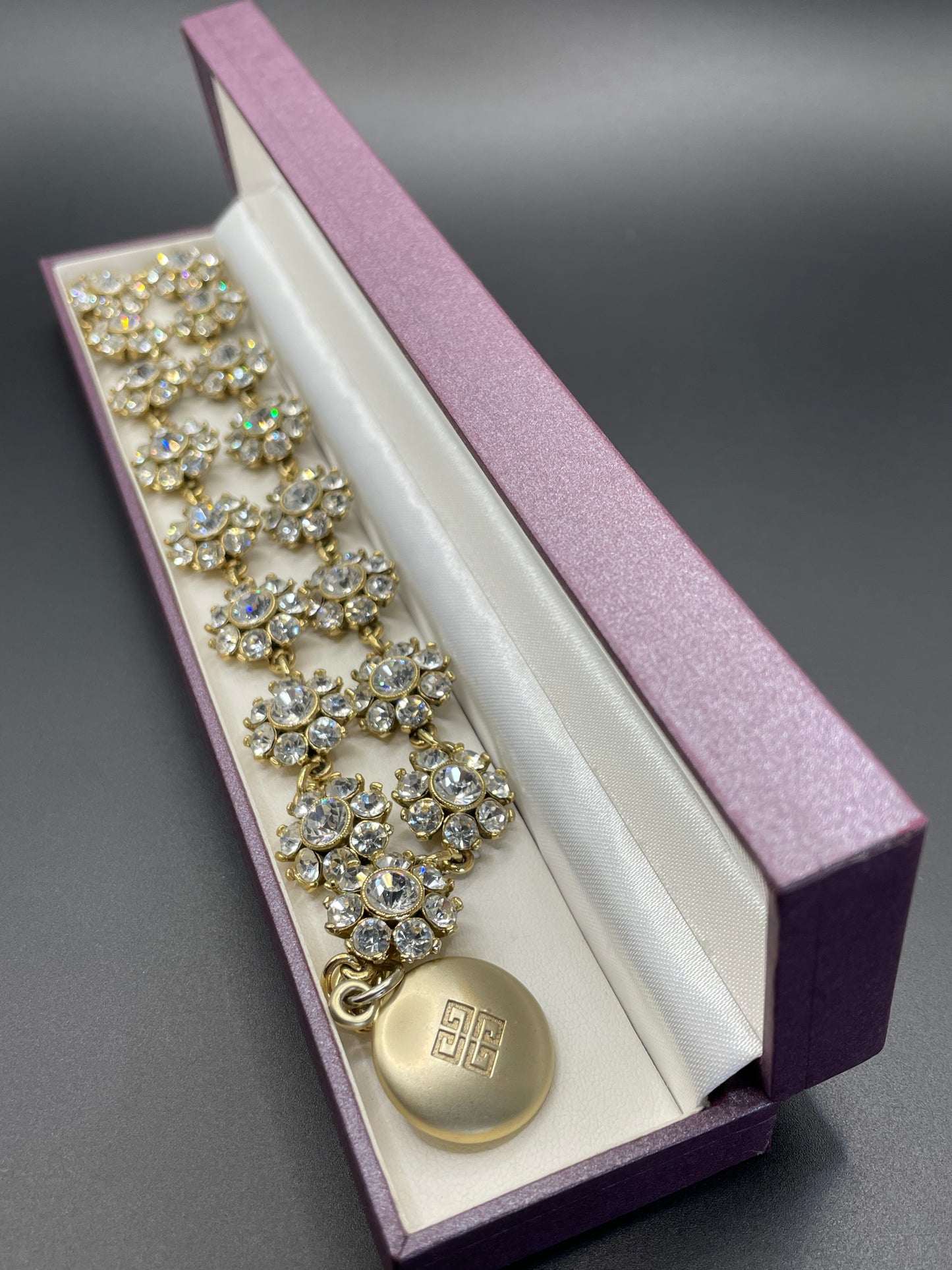 Vintage Givenchy rhinestone daisy riviere necklace, gold plated, couture, designer piece, in a presentation box