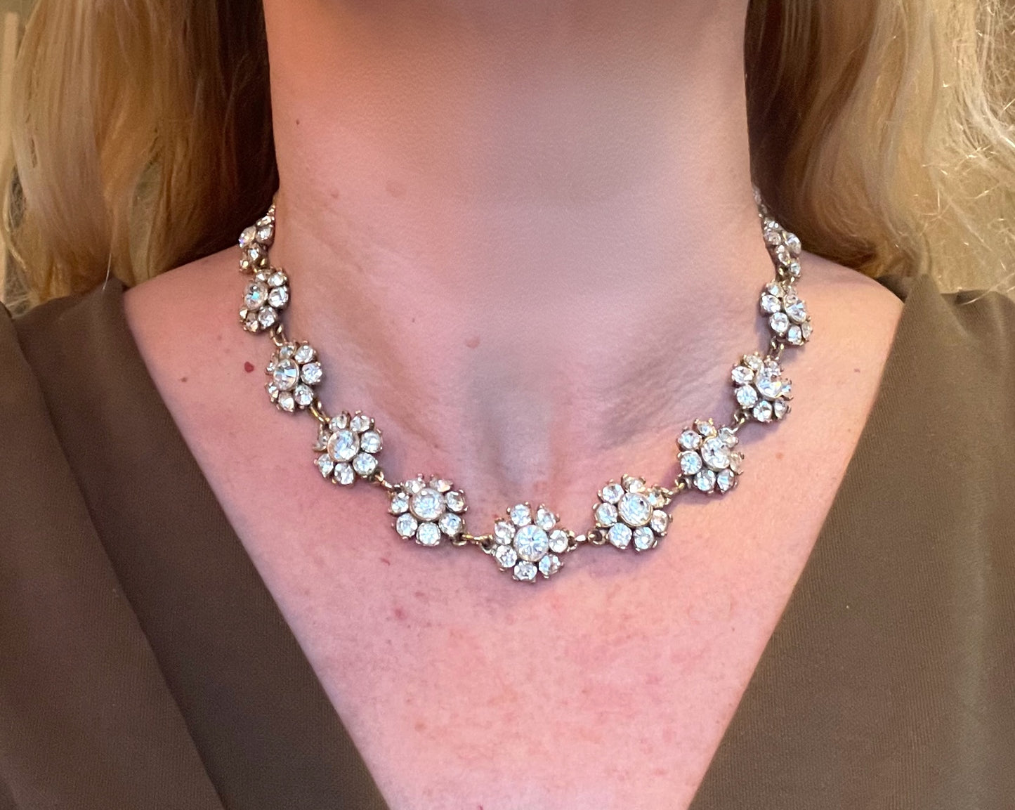 Vintage Givenchy rhinestone daisy riviere necklace, gold plated, couture, designer piece, in a presentation box