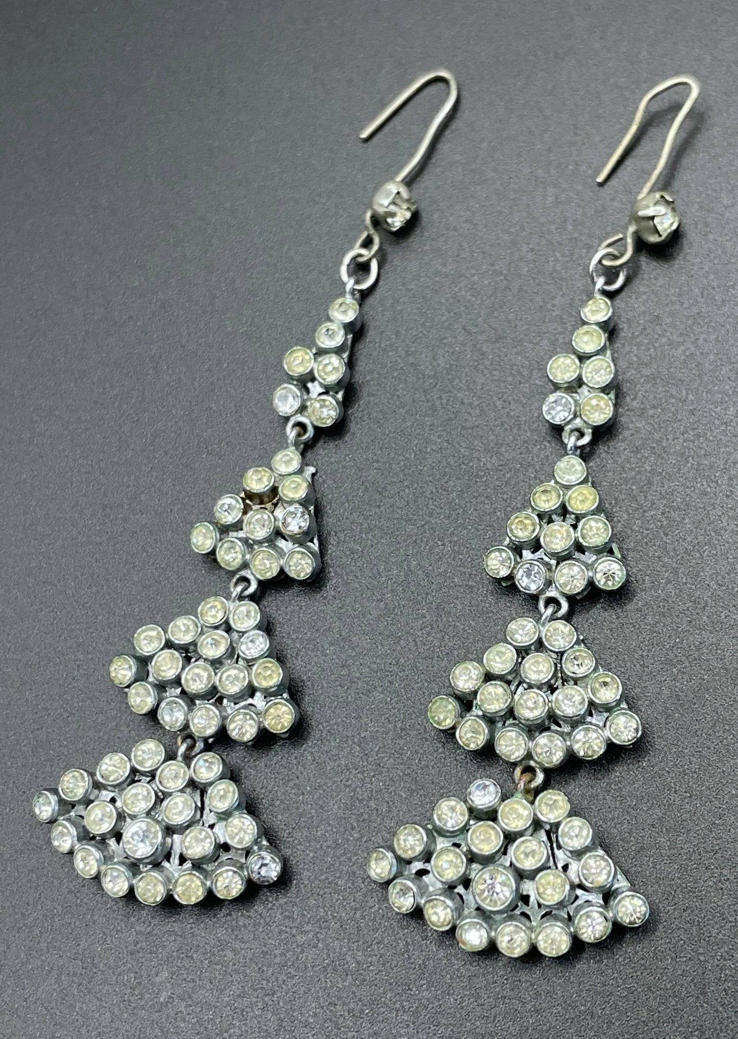 Long vintage Art Deco ice clear rhinestone and silver tone filigree dangle statement earrings for pierced ears