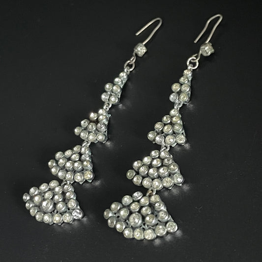 Long vintage Art Deco ice clear rhinestone and silver tone filigree dangle statement earrings for pierced ears