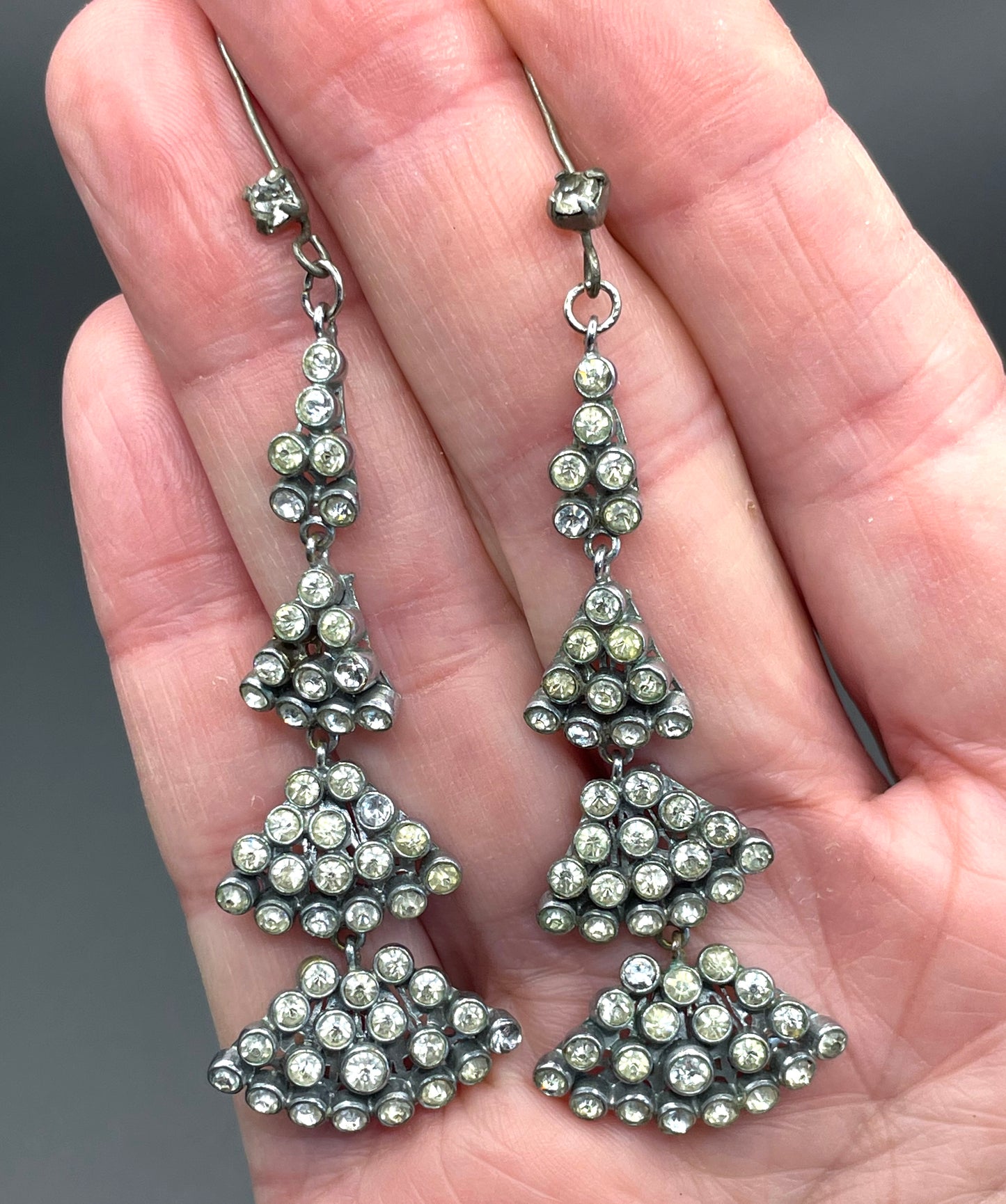 Long vintage Art Deco ice clear rhinestone and silver tone filigree dangle statement earrings for pierced ears
