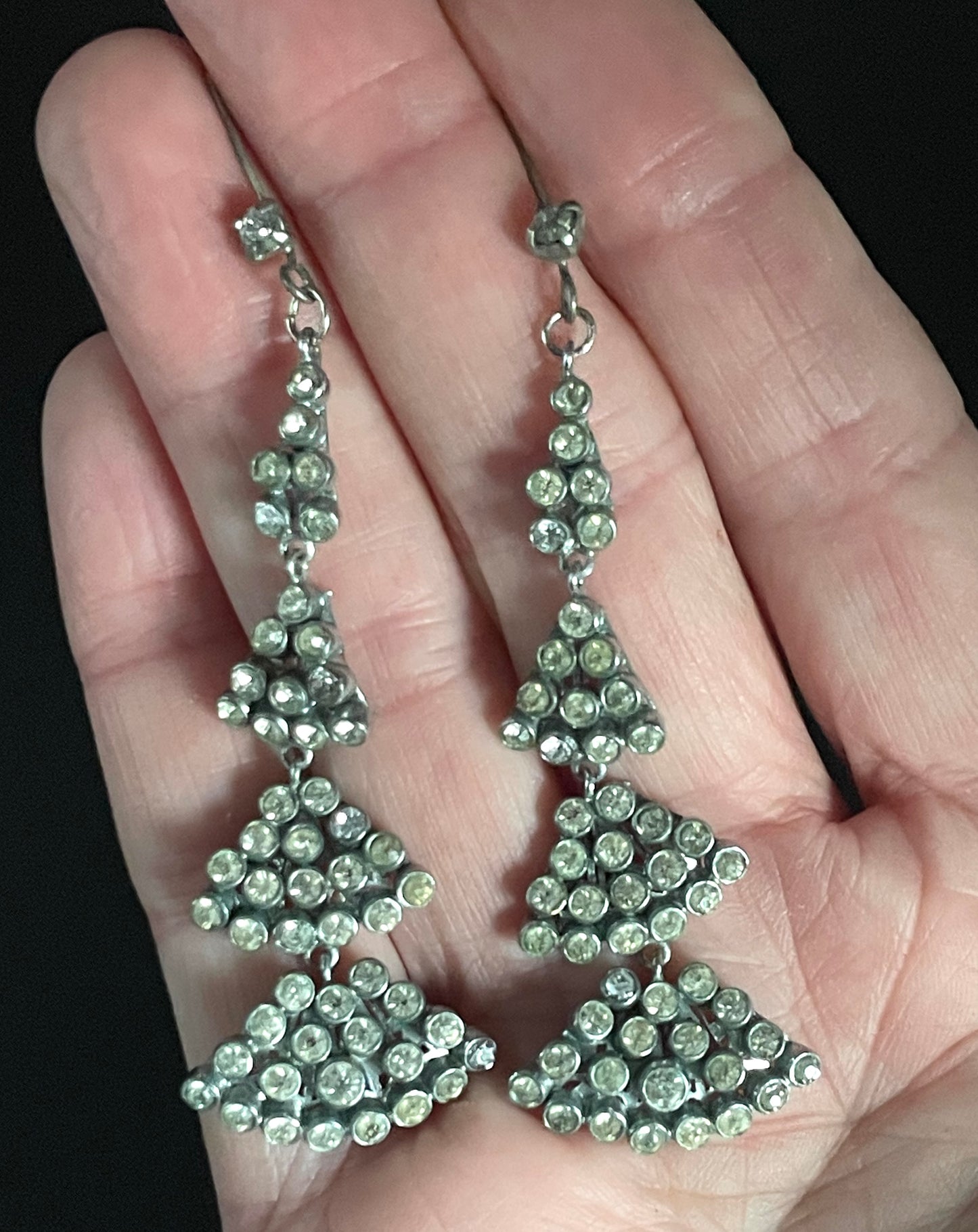 Long vintage Art Deco ice clear rhinestone and silver tone filigree dangle statement earrings for pierced ears
