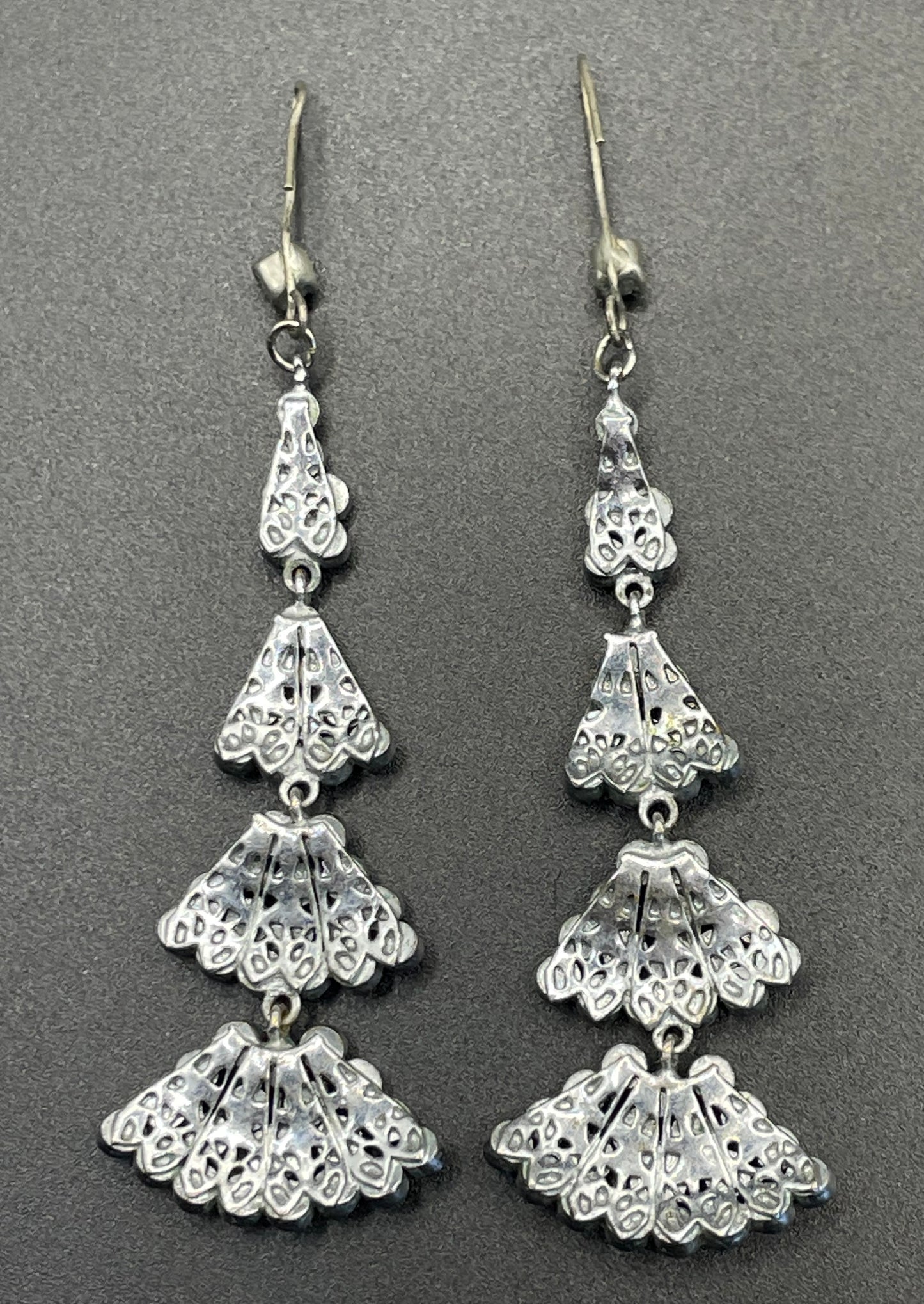 Long vintage Art Deco ice clear rhinestone and silver tone filigree dangle statement earrings for pierced ears