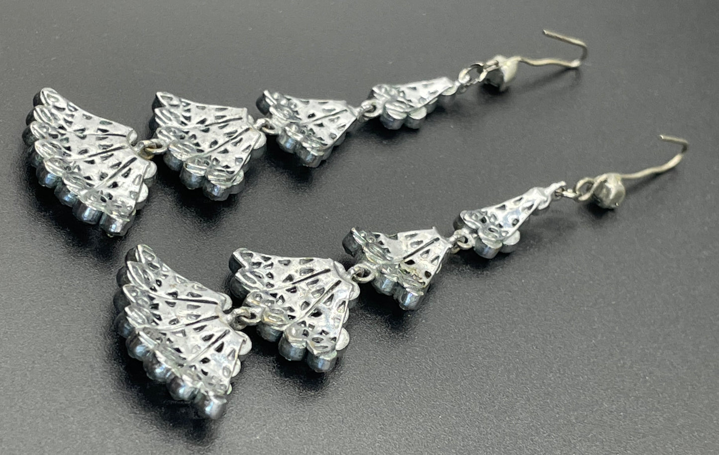 Long vintage Art Deco ice clear rhinestone and silver tone filigree dangle statement earrings for pierced ears