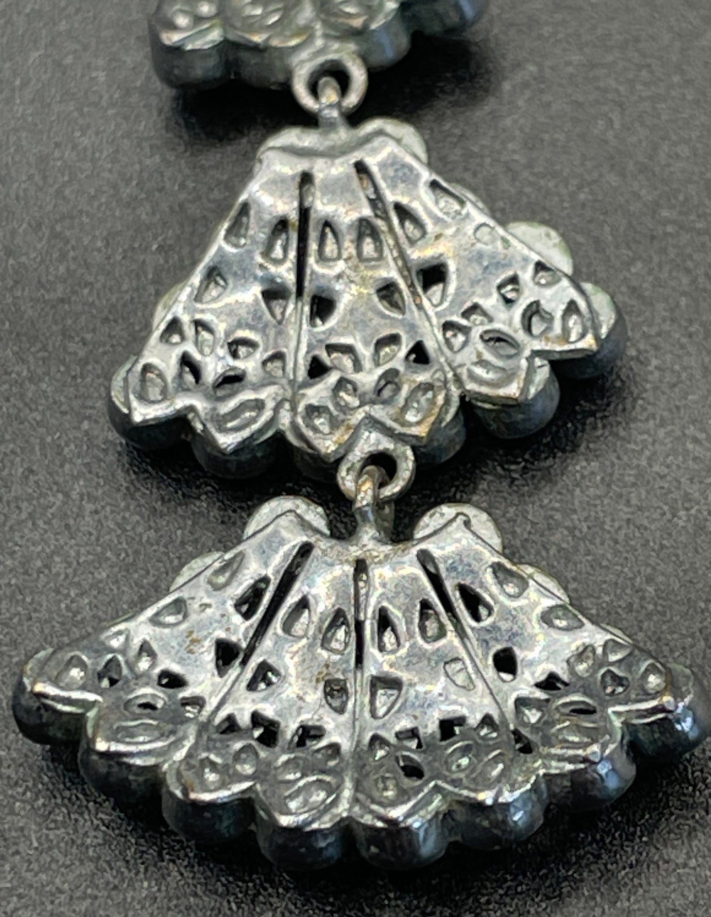 Long vintage Art Deco ice clear rhinestone and silver tone filigree dangle statement earrings for pierced ears