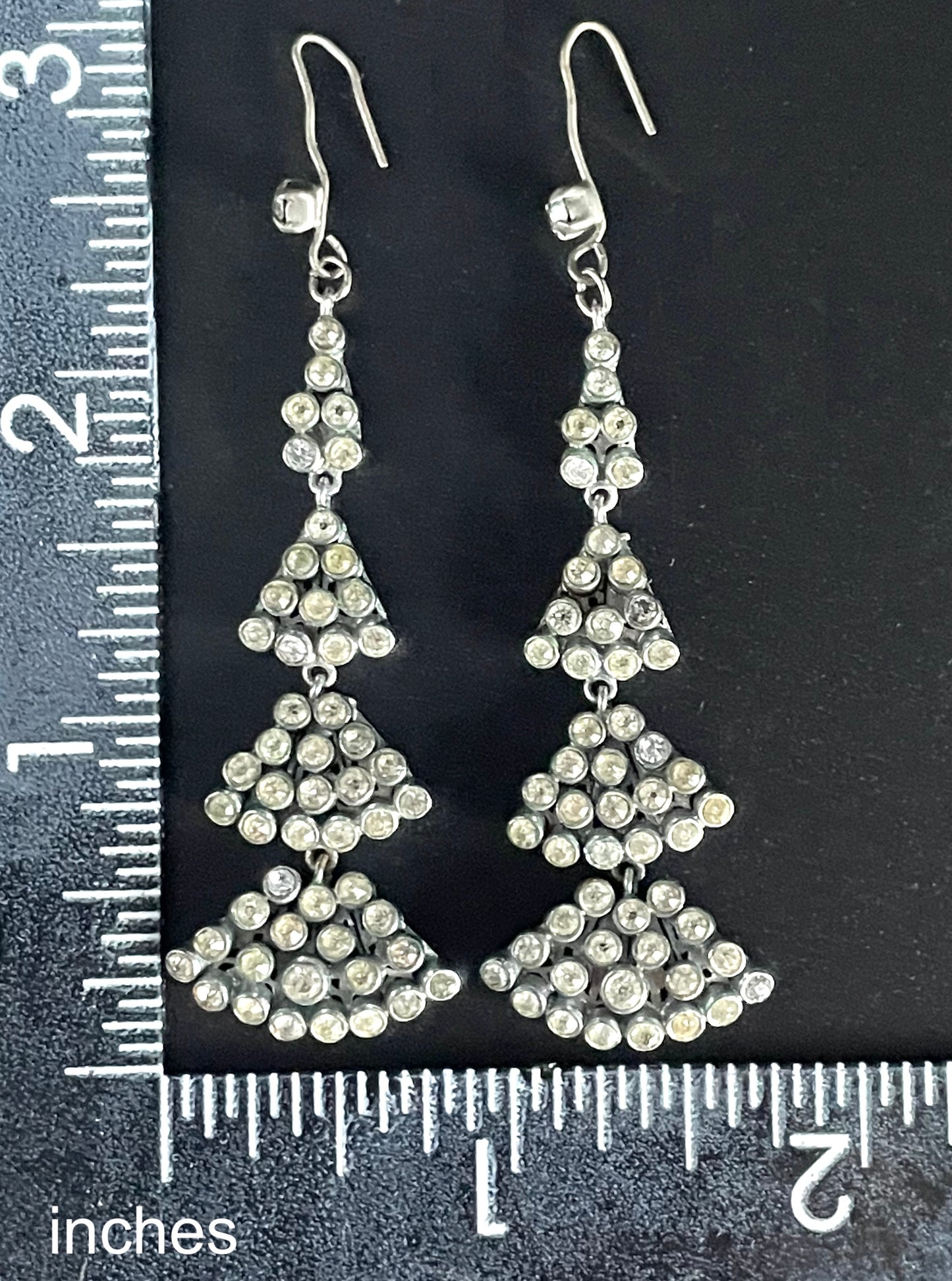 Long vintage Art Deco ice clear rhinestone and silver tone filigree dangle statement earrings for pierced ears