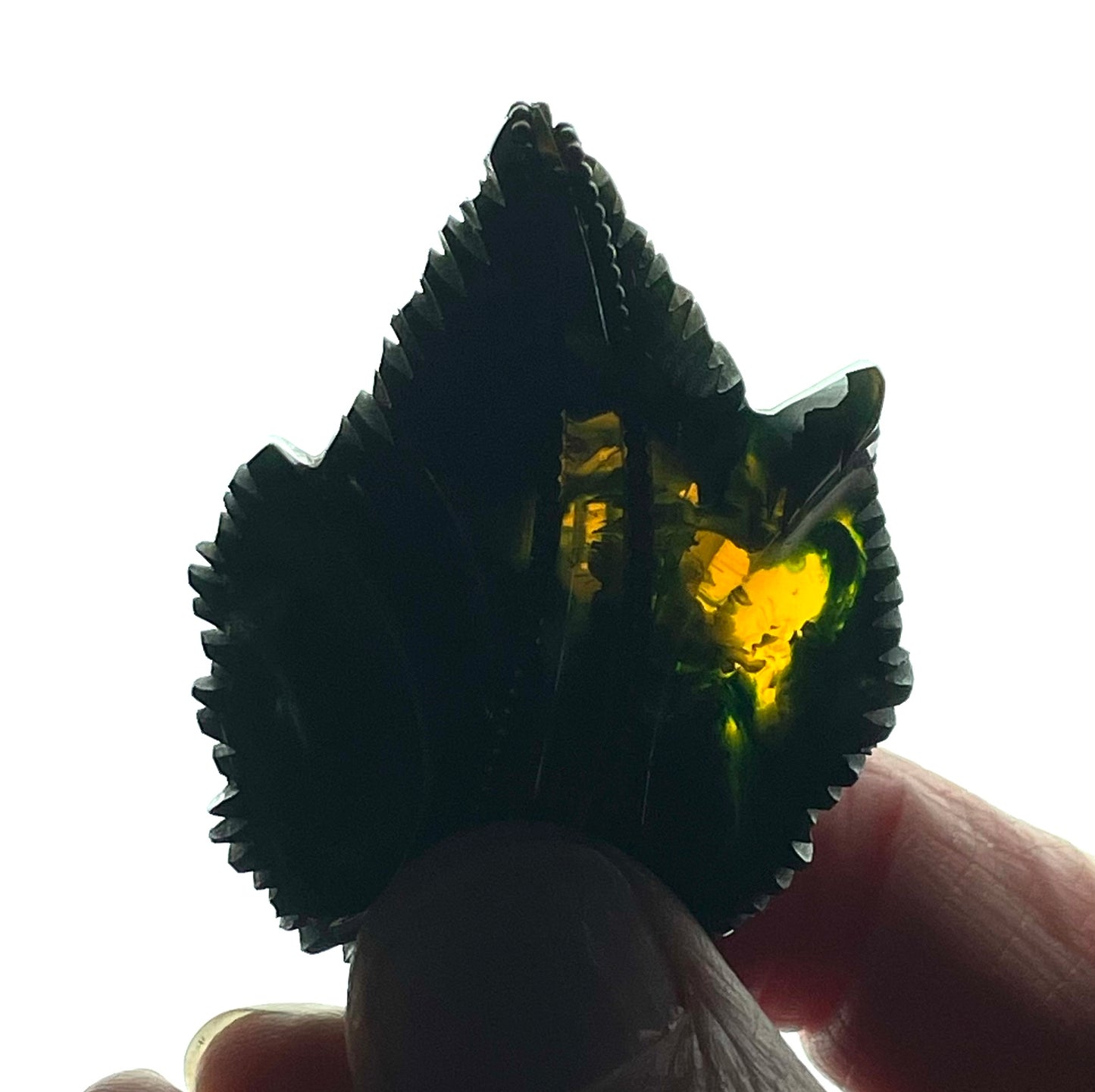 Vintage green marbled Bakelite (verified) and gold tone leaf design dress clip - with slim chain included to double as a pendant