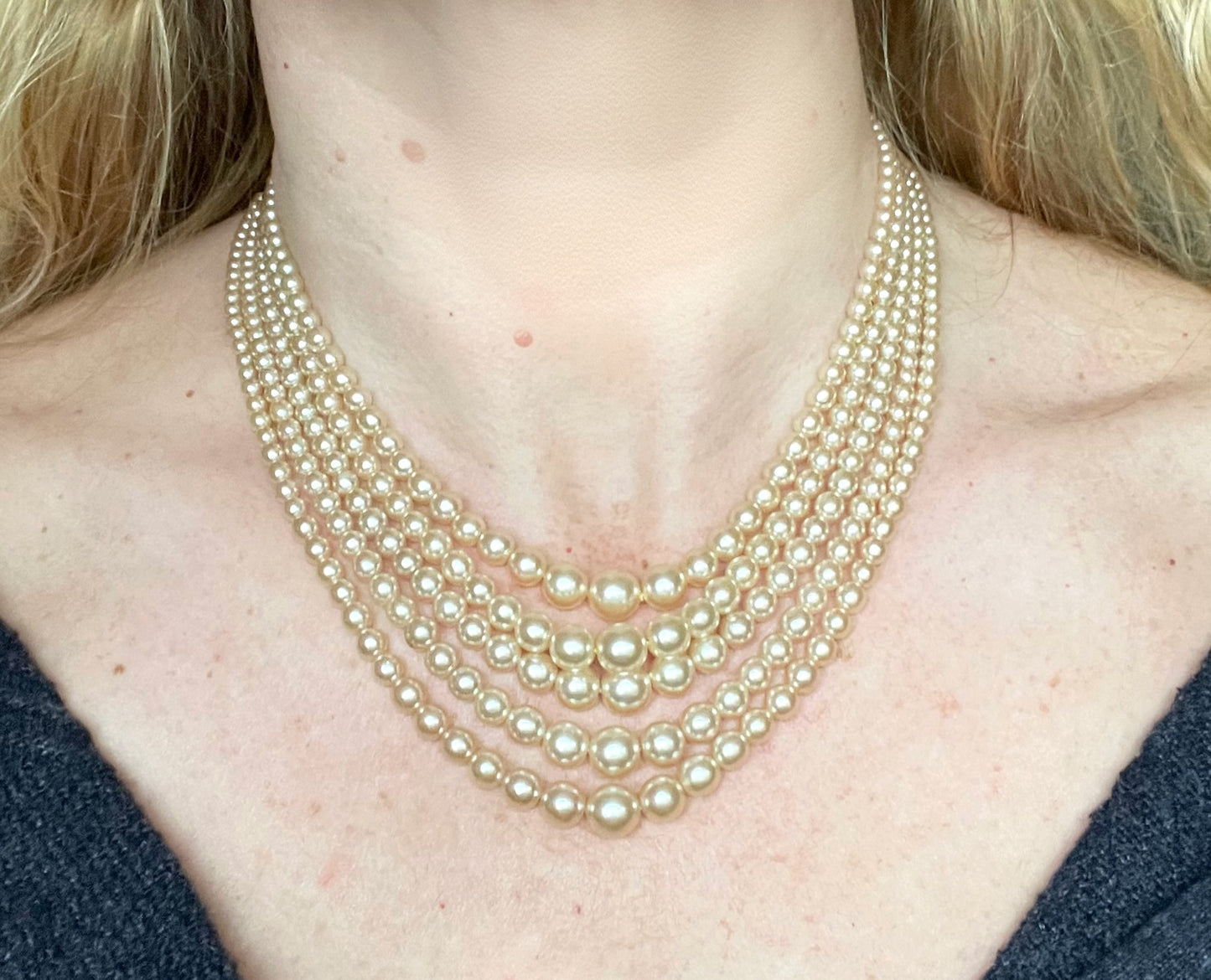 Vintage five strand glass faux pearl necklace with ornate clear rhinestone box clasp, graduated glass pearls