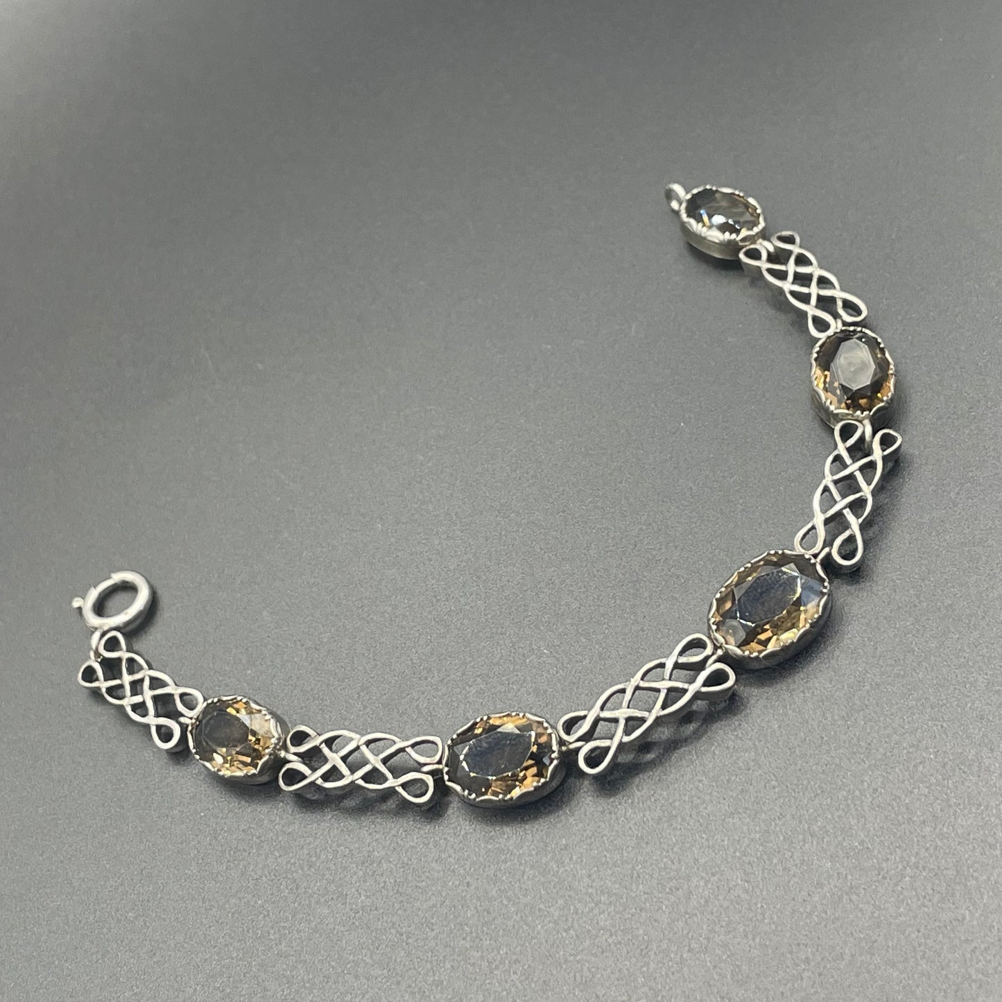 Antique Victorian large smoky topaz Cairngorm gemstone bracelet with sterling silver ornate settings and curlicue sterling silver panels