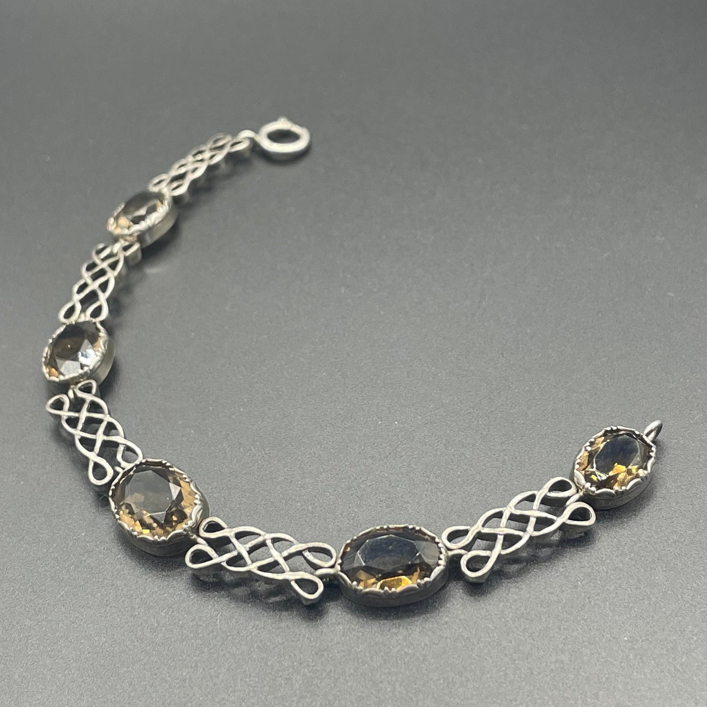 Antique Victorian large smoky topaz Cairngorm gemstone bracelet with sterling silver ornate settings and curlicue sterling silver panels