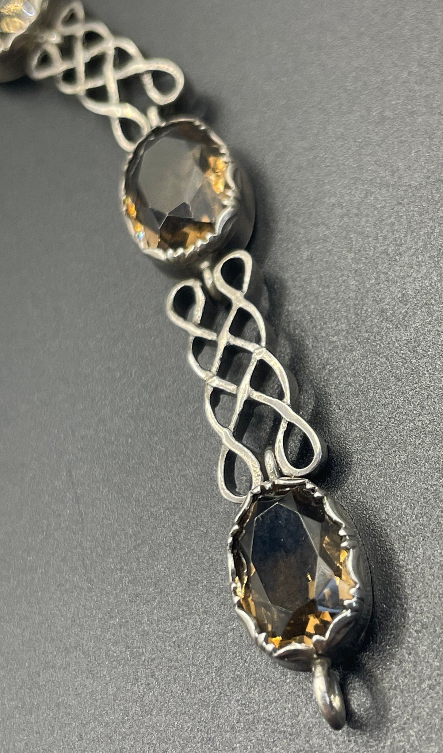 Antique Victorian large smoky topaz Cairngorm gemstone bracelet with sterling silver ornate settings and curlicue sterling silver panels