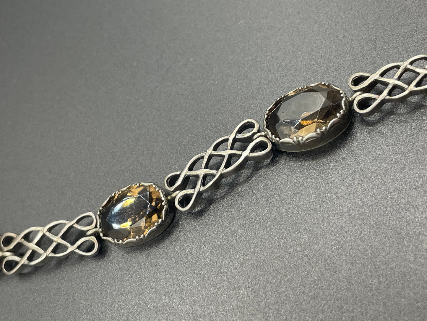 Antique Victorian large smoky topaz Cairngorm gemstone bracelet with sterling silver ornate settings and curlicue sterling silver panels
