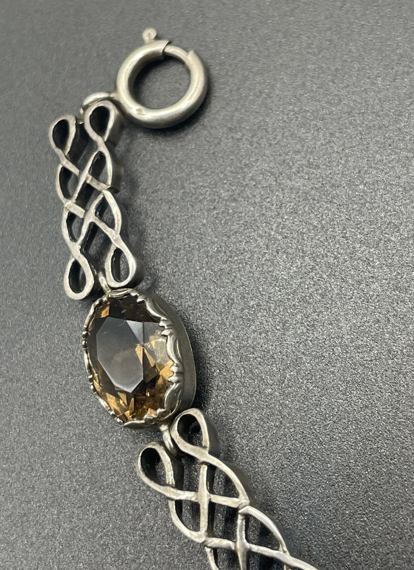 Antique Victorian large smoky topaz Cairngorm gemstone bracelet with sterling silver ornate settings and curlicue sterling silver panels