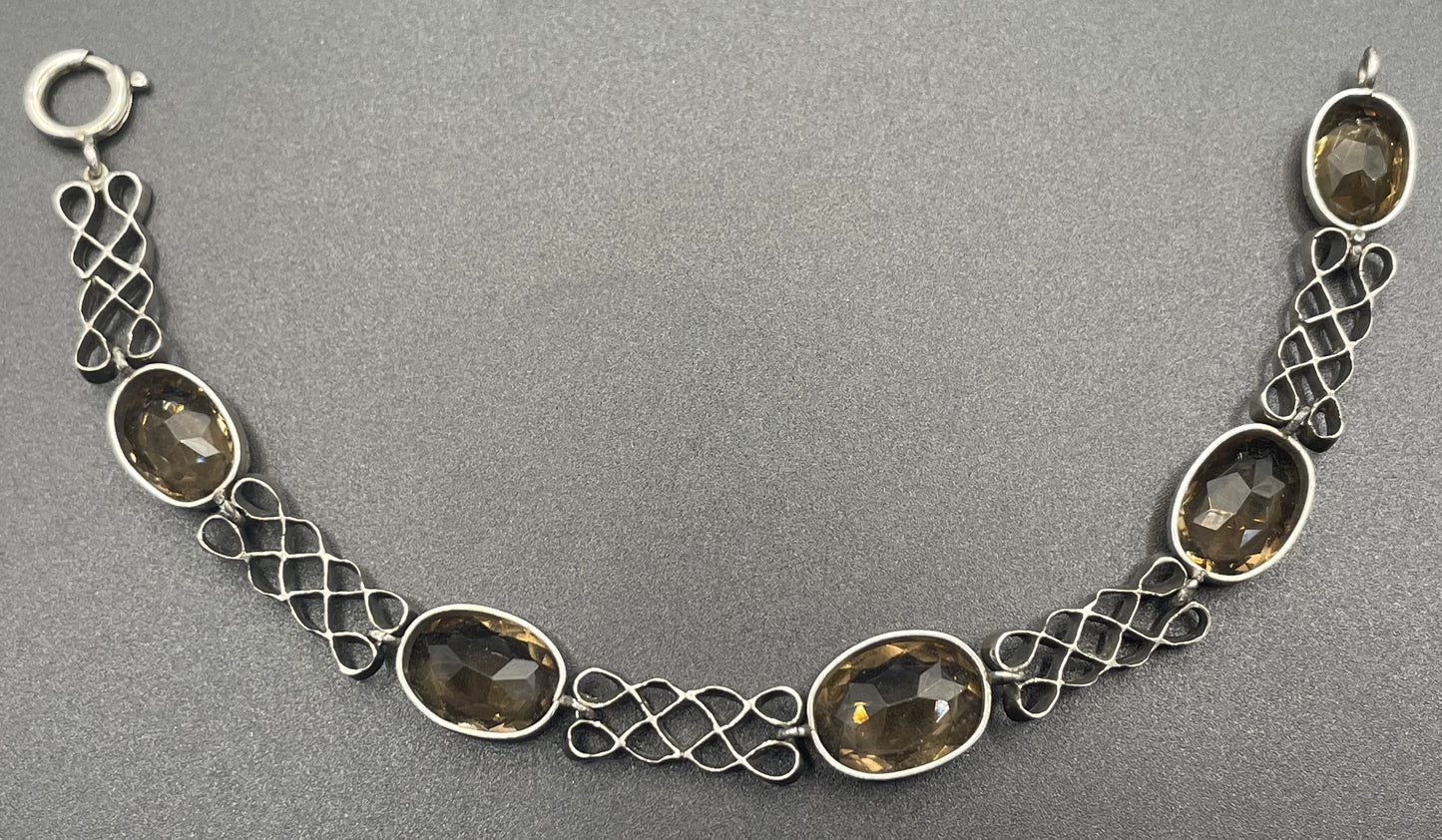 Antique Victorian large smoky topaz Cairngorm gemstone bracelet with sterling silver ornate settings and curlicue sterling silver panels