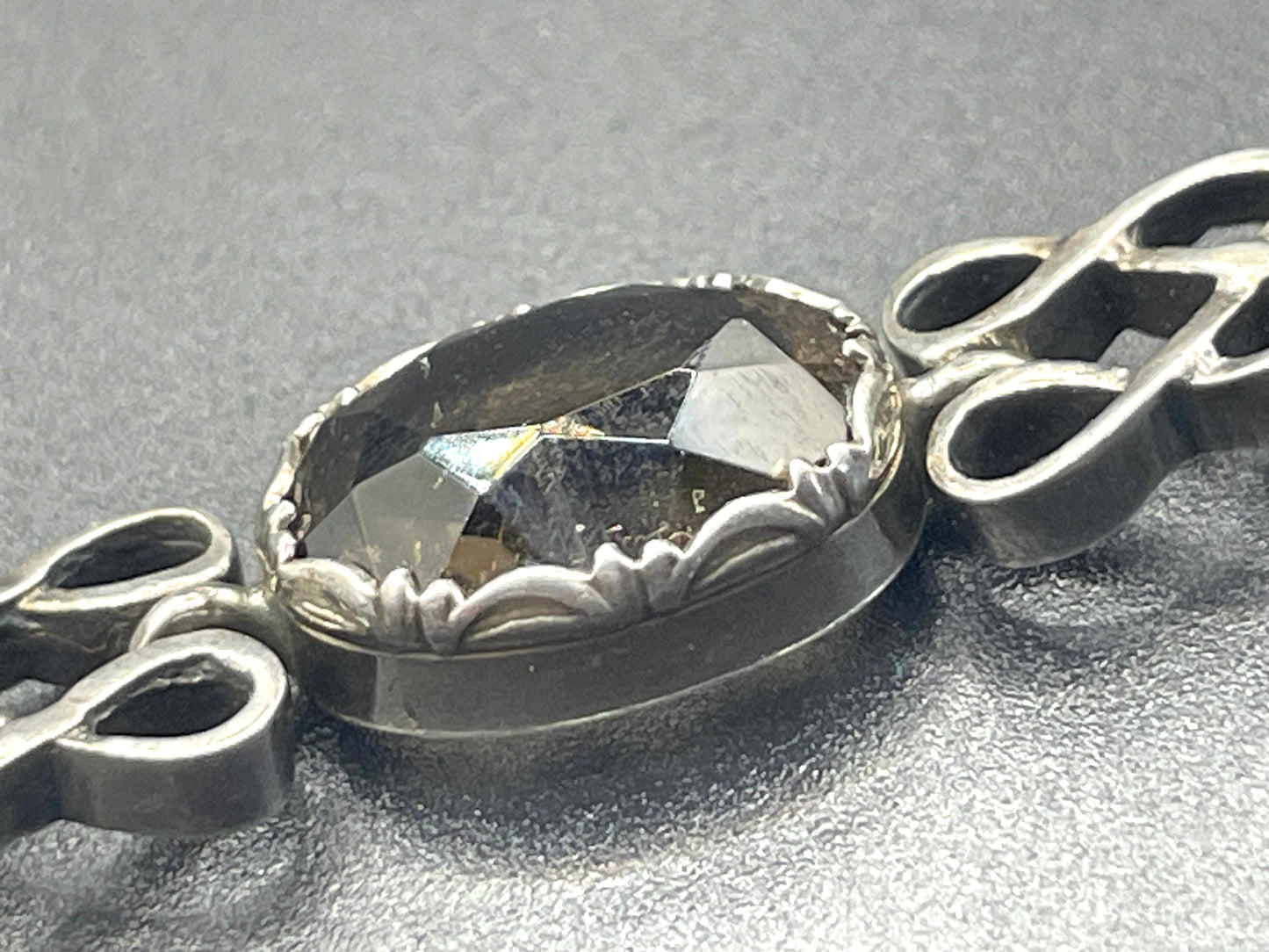 Antique Victorian large smoky topaz Cairngorm gemstone bracelet with sterling silver ornate settings and curlicue sterling silver panels