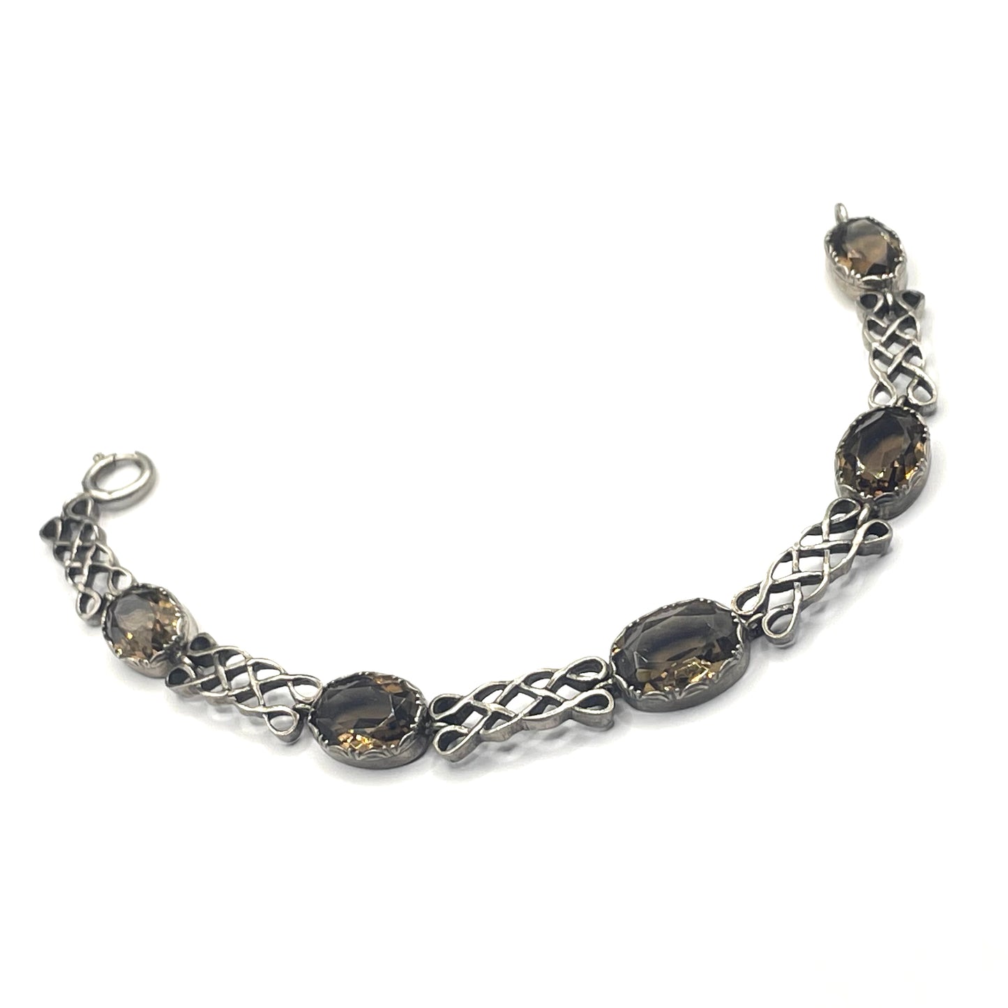 Antique Victorian large smoky topaz Cairngorm gemstone bracelet with sterling silver ornate settings and curlicue sterling silver panels