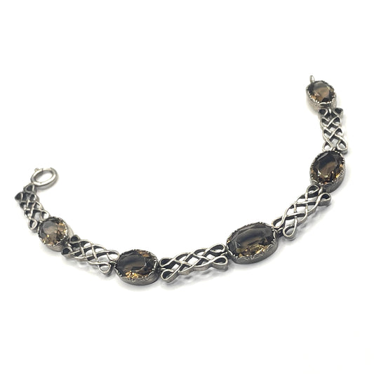Antique Victorian large smoky topaz Cairngorm gemstone bracelet with sterling silver ornate settings and curlicue sterling silver panels