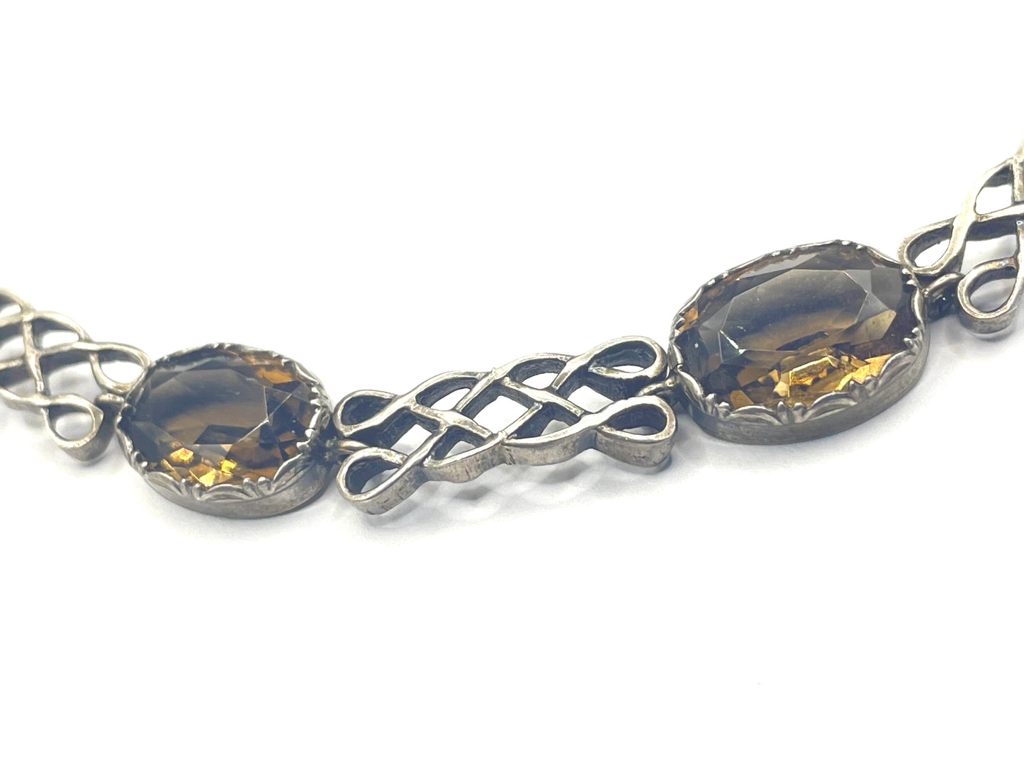 Antique Victorian large smoky topaz Cairngorm gemstone bracelet with sterling silver ornate settings and curlicue sterling silver panels