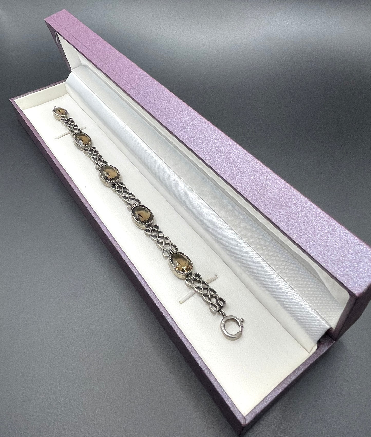 Antique Victorian large smoky topaz Cairngorm gemstone bracelet with sterling silver ornate settings and curlicue sterling silver panels
