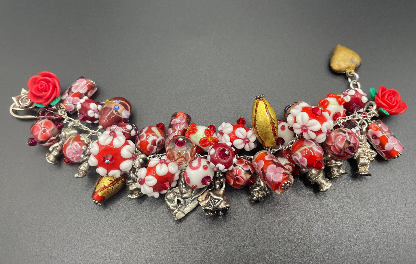 Vintage Disney Snow White and the seven dwarfs 925 sterling silver charm bracelet with a multitude of chunky handcrafted Murano glass beads