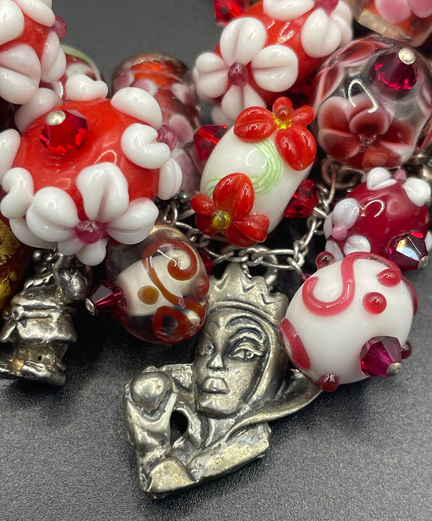 Vintage Disney Snow White and the seven dwarfs 925 sterling silver charm bracelet with a multitude of chunky handcrafted Murano glass beads