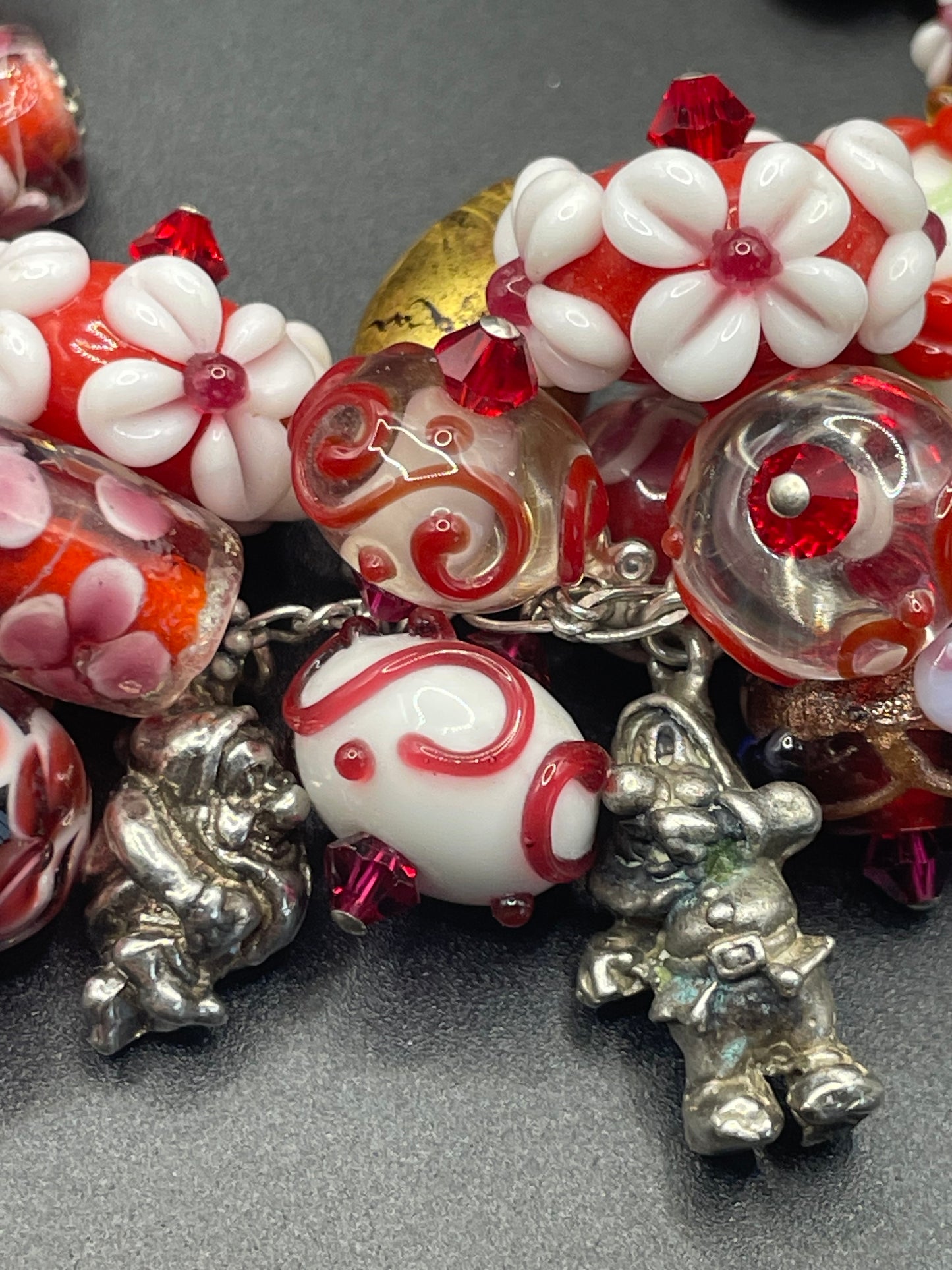 Vintage Disney Snow White and the seven dwarfs 925 sterling silver charm bracelet with a multitude of chunky handcrafted Murano glass beads