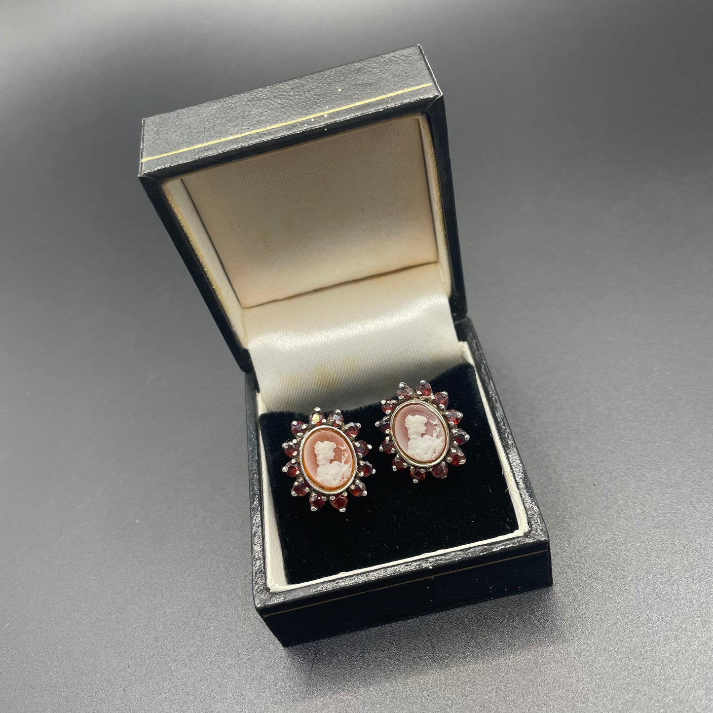 Antique sterling silver shell cameo and Bohemian garnet stud earrings, delicate pieces in presentation box