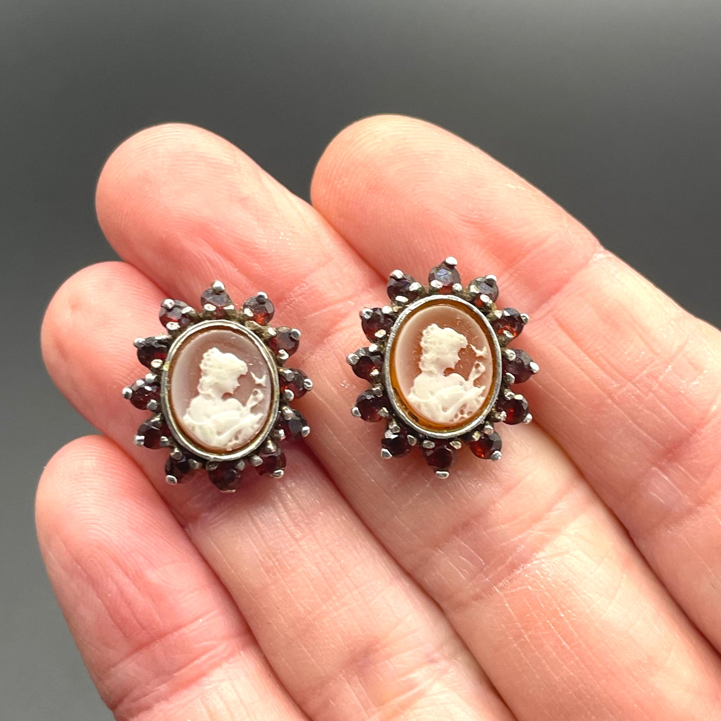 Antique sterling silver shell cameo and Bohemian garnet stud earrings, delicate pieces in presentation box