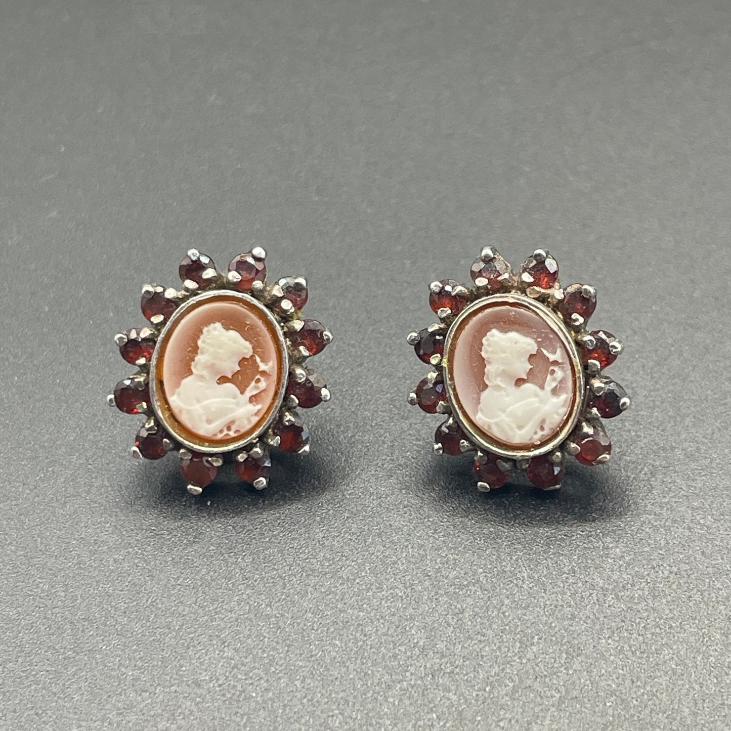 Antique sterling silver shell cameo and Bohemian garnet stud earrings, delicate pieces in presentation box