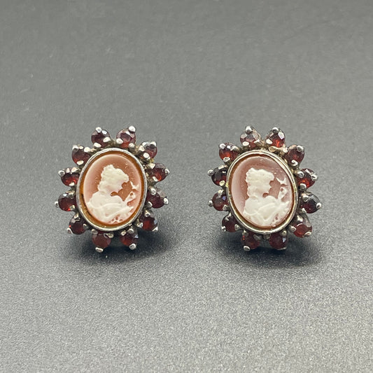 Antique sterling silver shell cameo and Bohemian garnet stud earrings, delicate pieces in presentation box