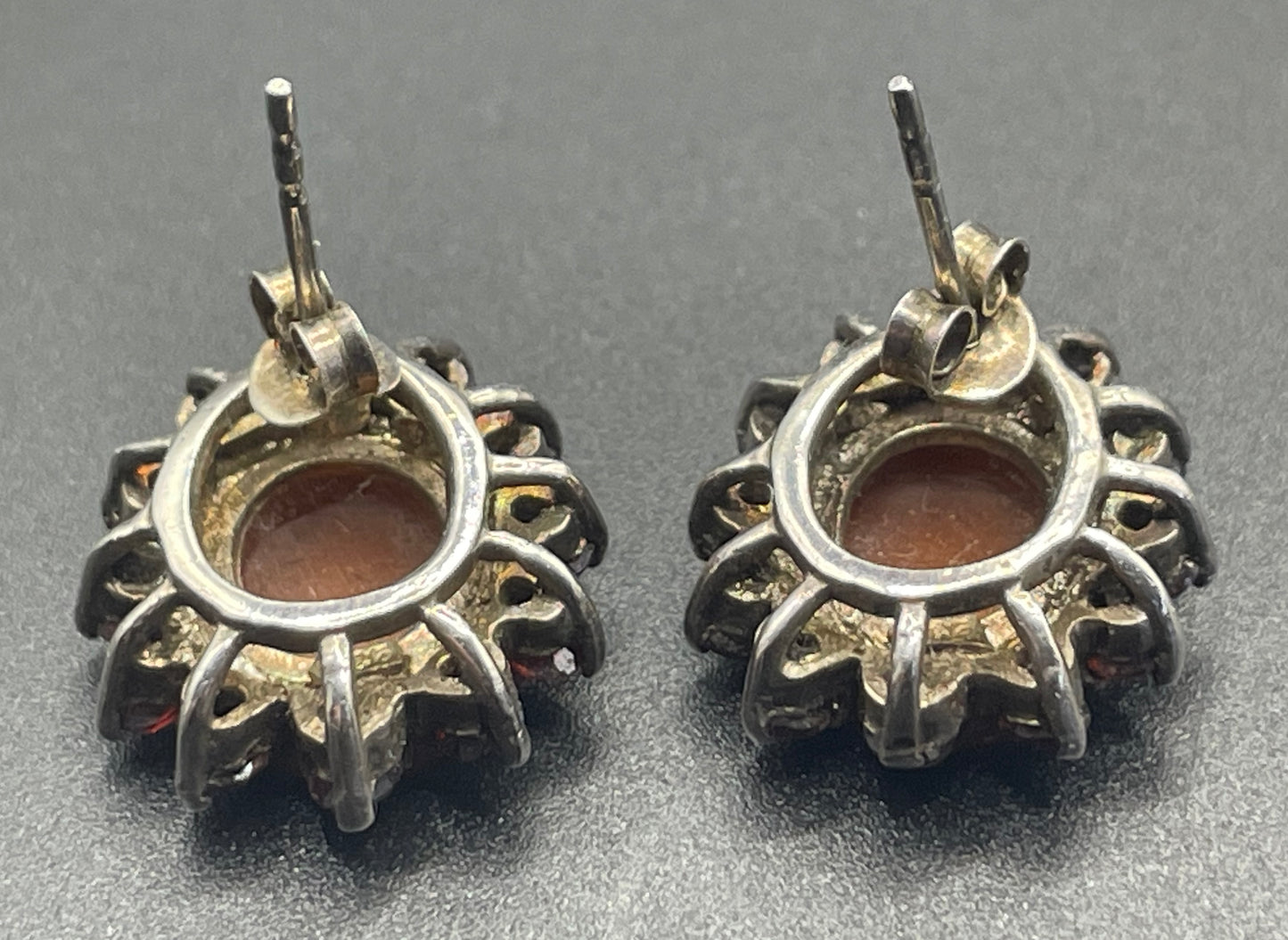 Antique sterling silver shell cameo and Bohemian garnet stud earrings, delicate pieces in presentation box