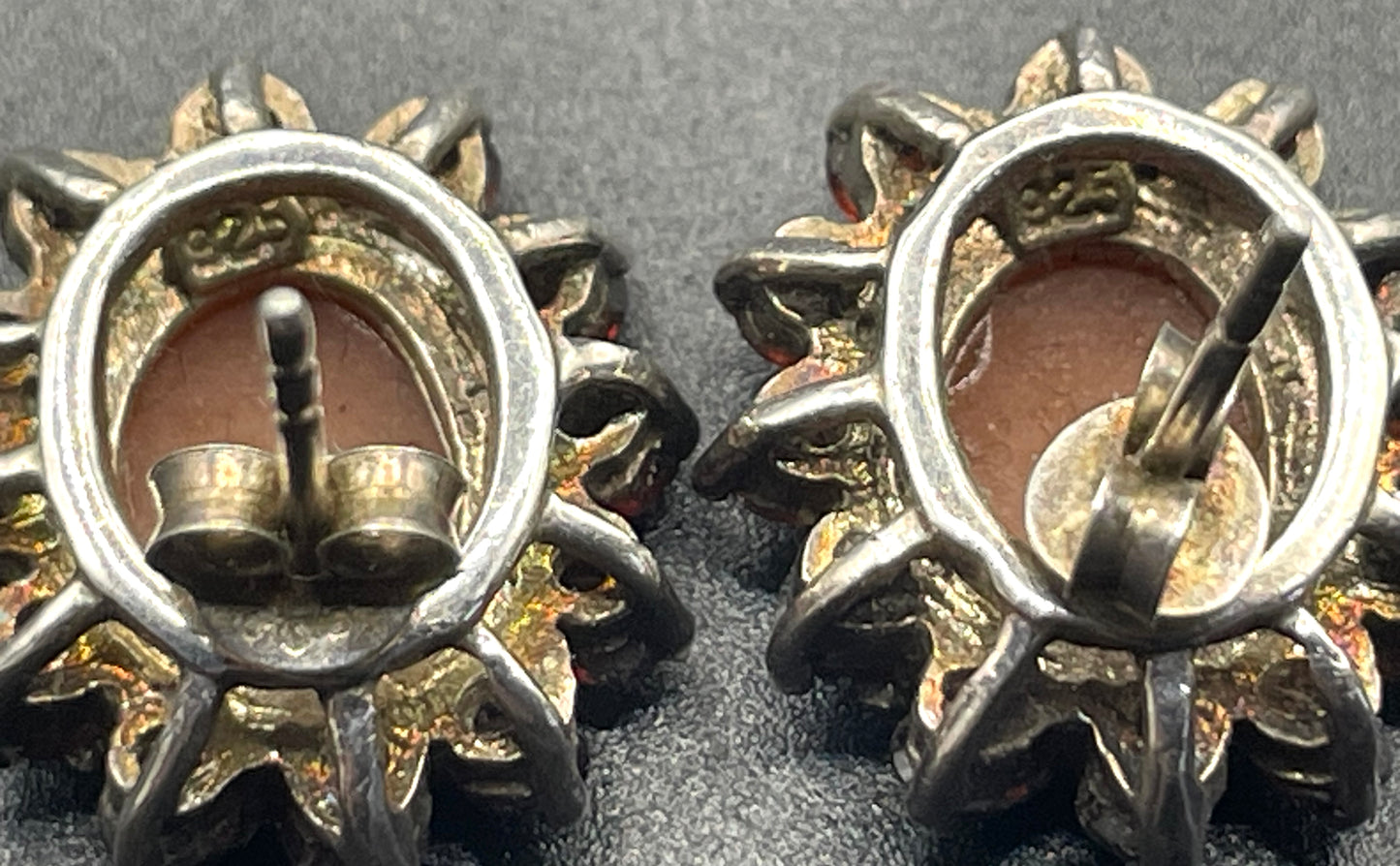 Antique sterling silver shell cameo and Bohemian garnet stud earrings, delicate pieces in presentation box