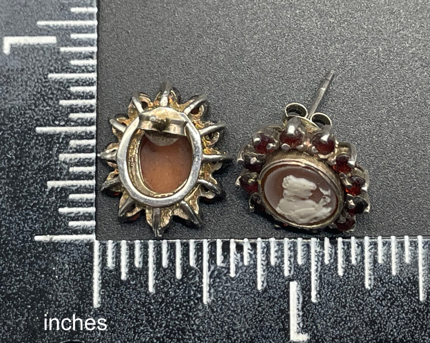 Antique sterling silver shell cameo and Bohemian garnet stud earrings, delicate pieces in presentation box