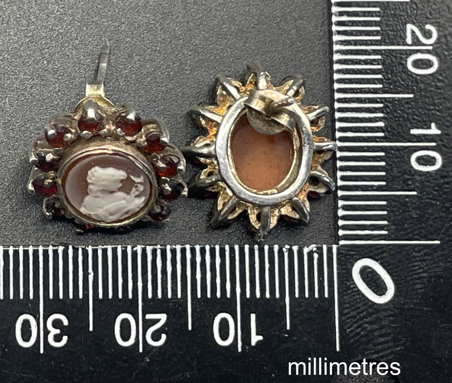 Antique sterling silver shell cameo and Bohemian garnet stud earrings, delicate pieces in presentation box
