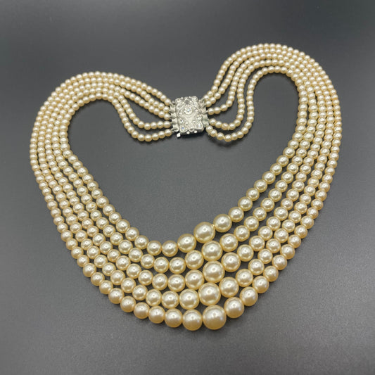 Vintage five strand glass faux pearl necklace with ornate clear rhinestone box clasp, graduated glass pearls