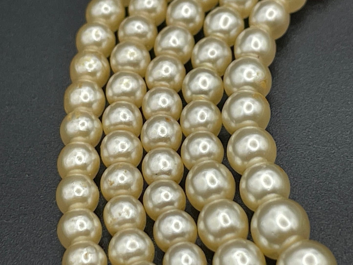 Vintage five strand glass faux pearl necklace with ornate clear rhinestone box clasp, graduated glass pearls