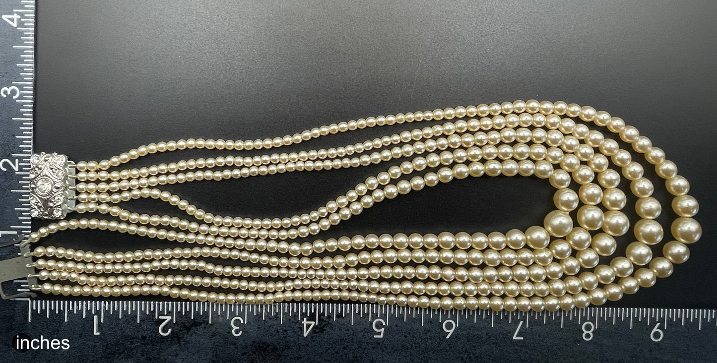 Vintage five strand glass faux pearl necklace with ornate clear rhinestone box clasp, graduated glass pearls