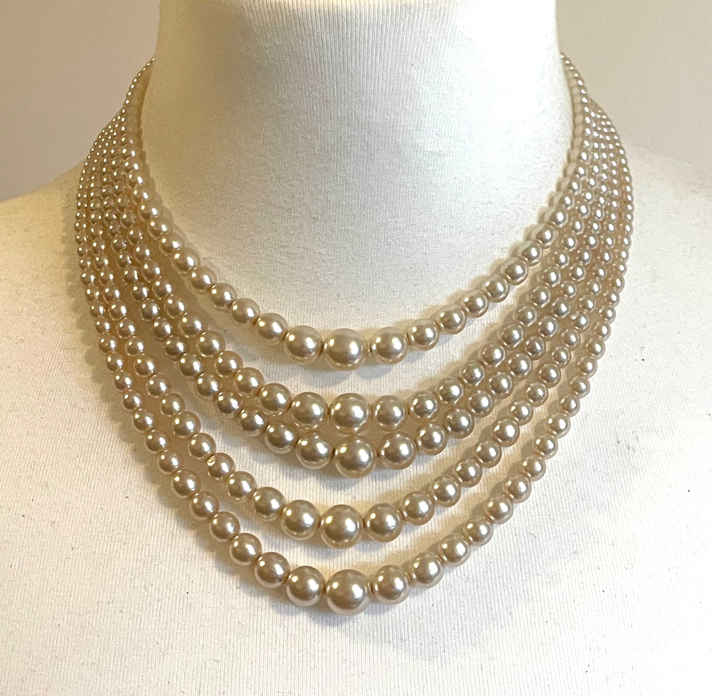 Vintage five strand glass faux pearl necklace with ornate clear rhinestone box clasp, graduated glass pearls
