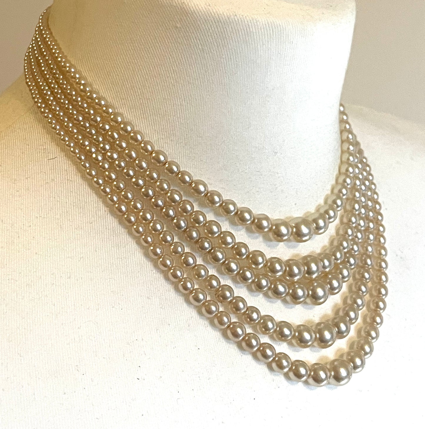 Vintage five strand glass faux pearl necklace with ornate clear rhinestone box clasp, graduated glass pearls