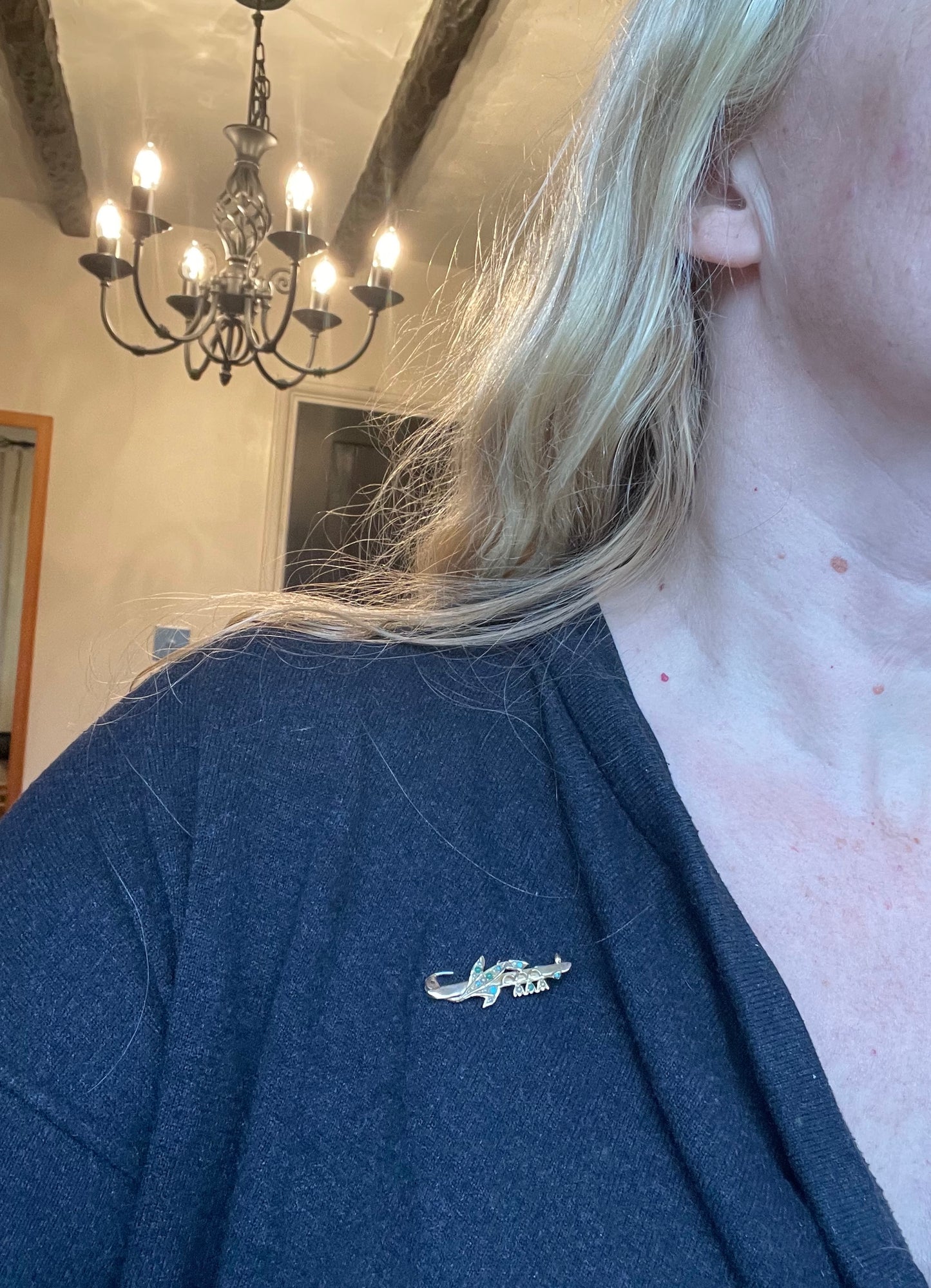 Antique floral lily of the valley brooch in 9ct gold decorated with real seed pearl cabochons and real Persian turquoise cabochons