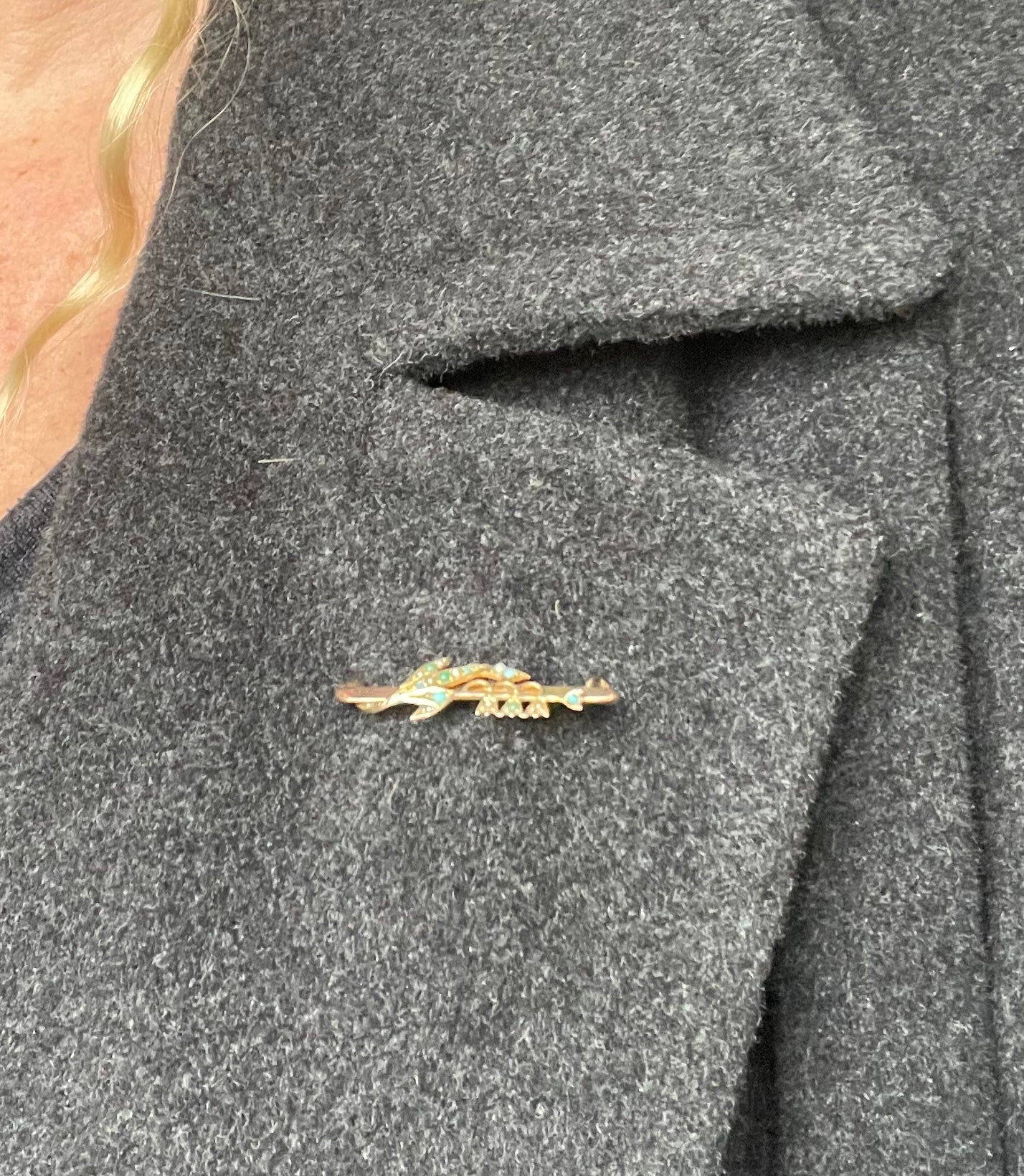 Antique floral lily of the valley brooch in 9ct gold decorated with real seed pearl cabochons and real Persian turquoise cabochons