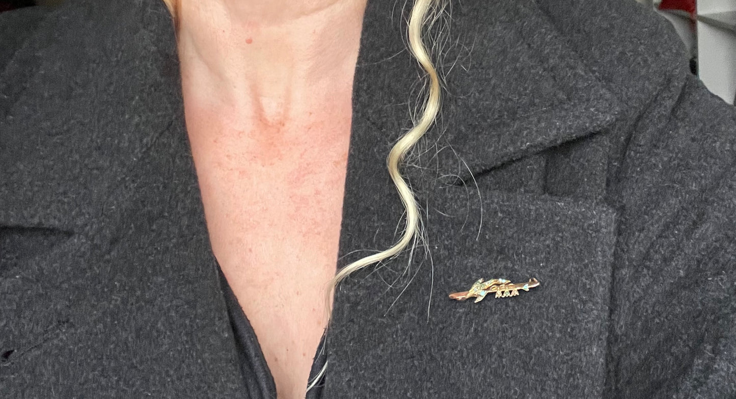 Antique floral lily of the valley brooch in 9ct gold decorated with real seed pearl cabochons and real Persian turquoise cabochons