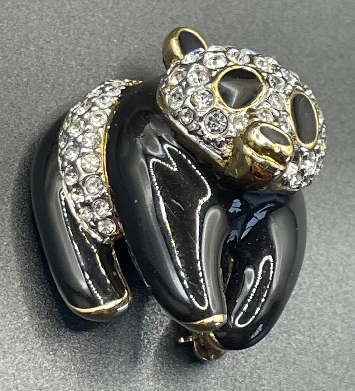 Vintage signed Attwood and Sawyer (A&S) rhinestone and enamel panda brooch, 22ct gold-plated