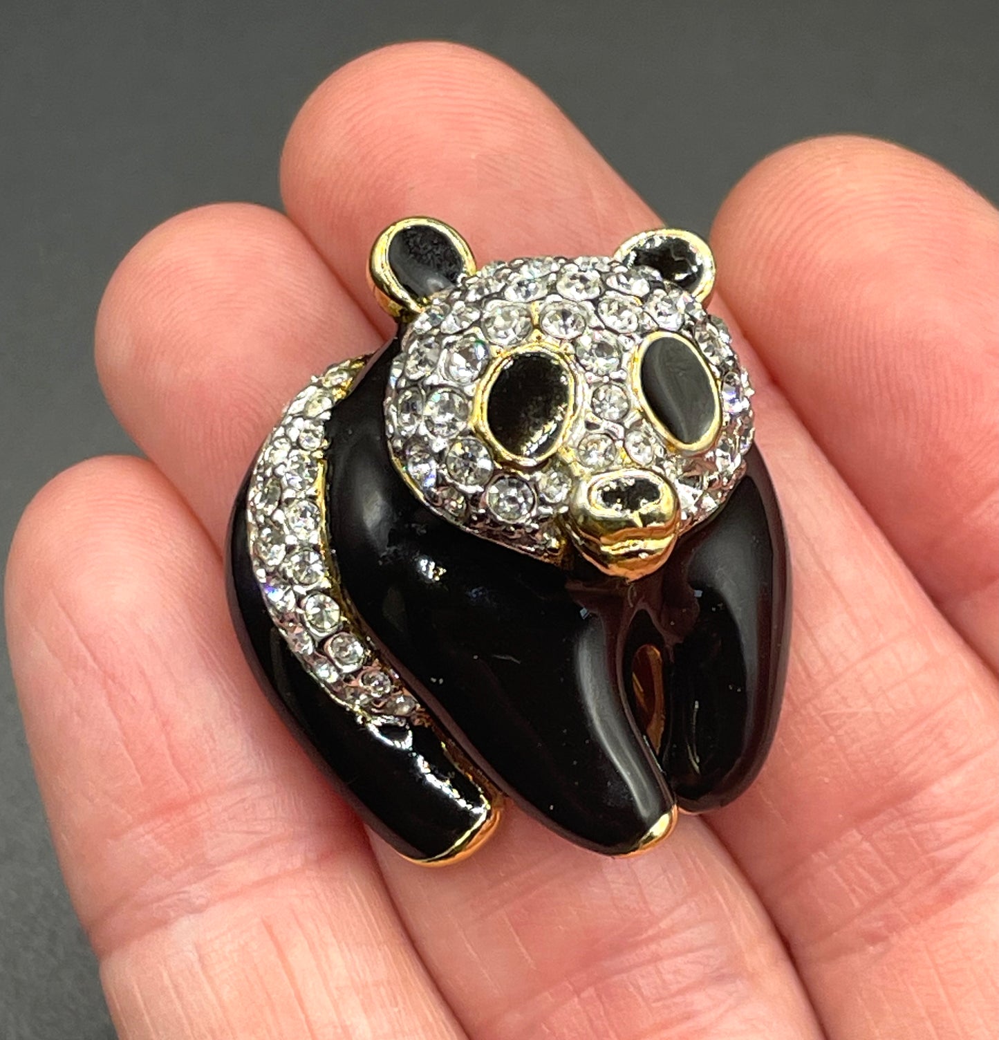 Vintage signed Attwood and Sawyer (A&S) rhinestone and enamel panda brooch, 22ct gold-plated