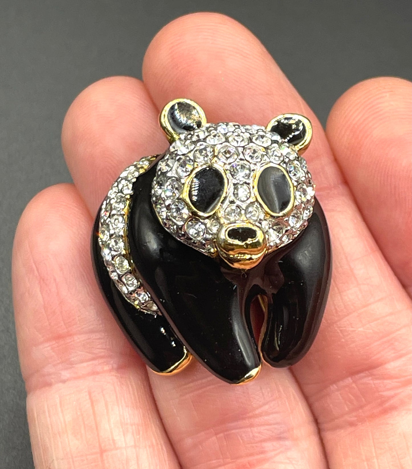 Vintage signed Attwood and Sawyer (A&S) rhinestone and enamel panda brooch, 22ct gold-plated