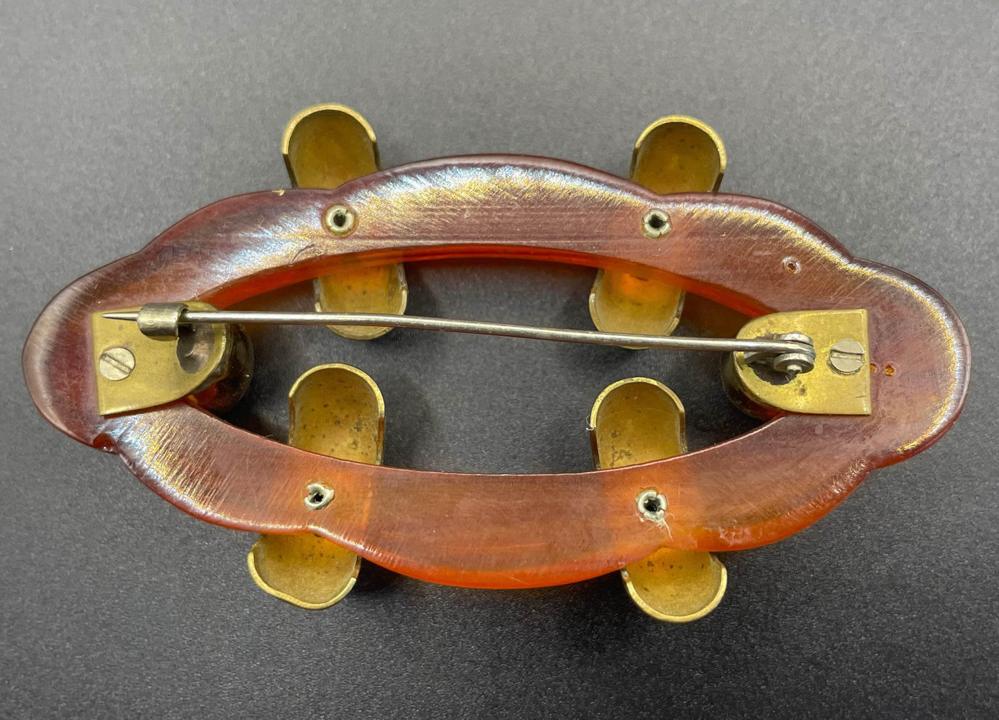 Large vintage rootbeer Bakelite (verified) and gold tone Art Deco machine age geometric brooch, classic 1930s design
