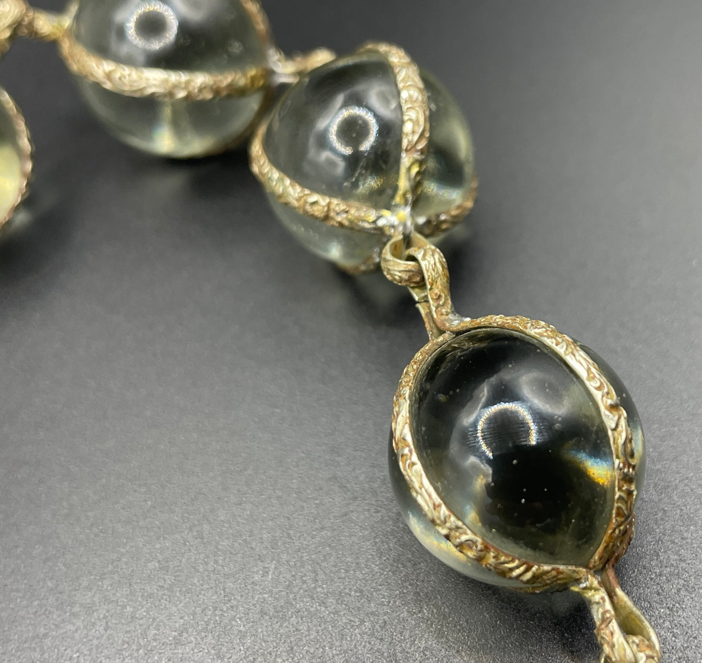 Unusual antique 'pools of light' STYLE choker necklace with undrilled GLASS orbs in ornate, but rustic silver tone settings with subtle gilt