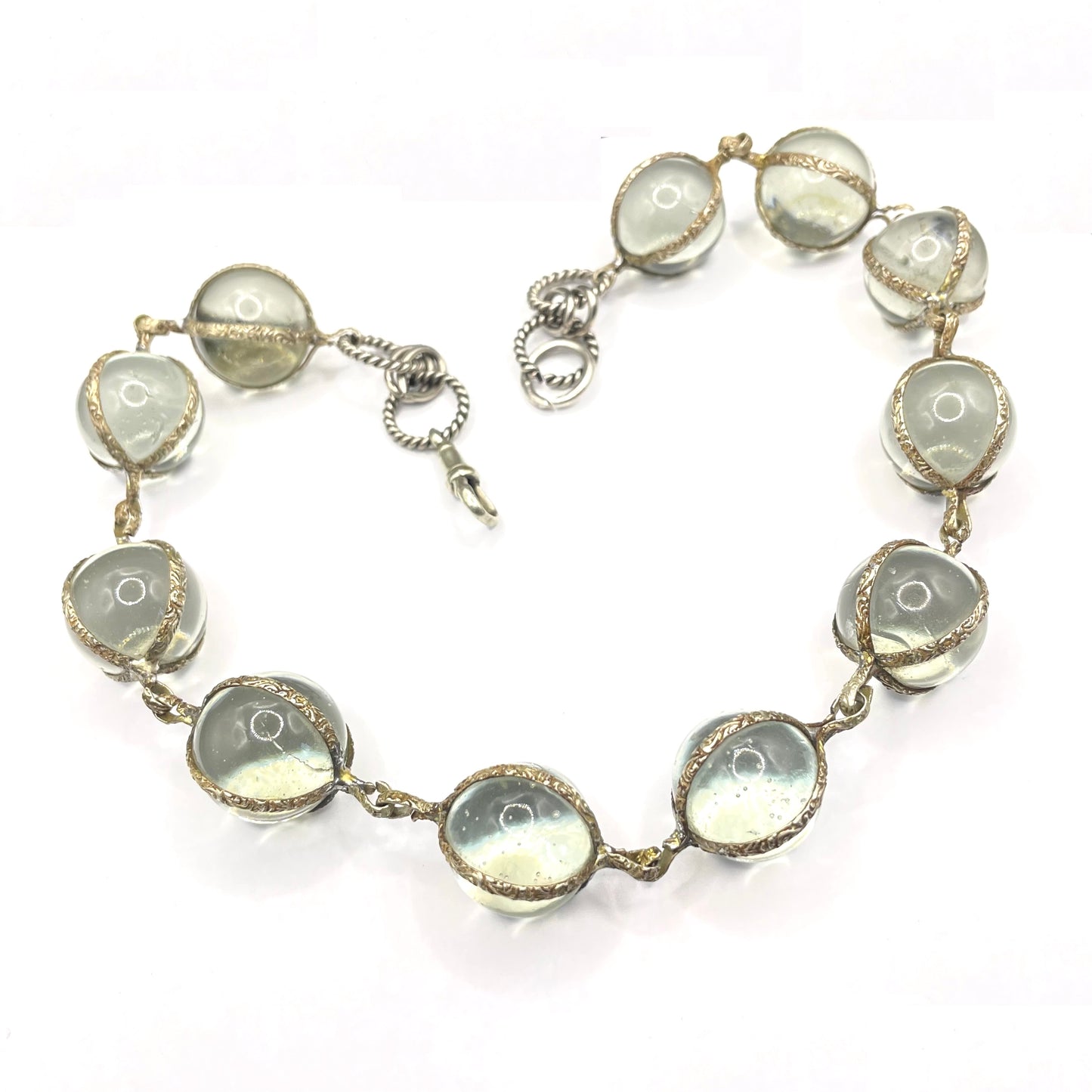 Unusual antique 'pools of light' STYLE choker necklace with undrilled GLASS orbs in ornate, but rustic silver tone settings with subtle gilt