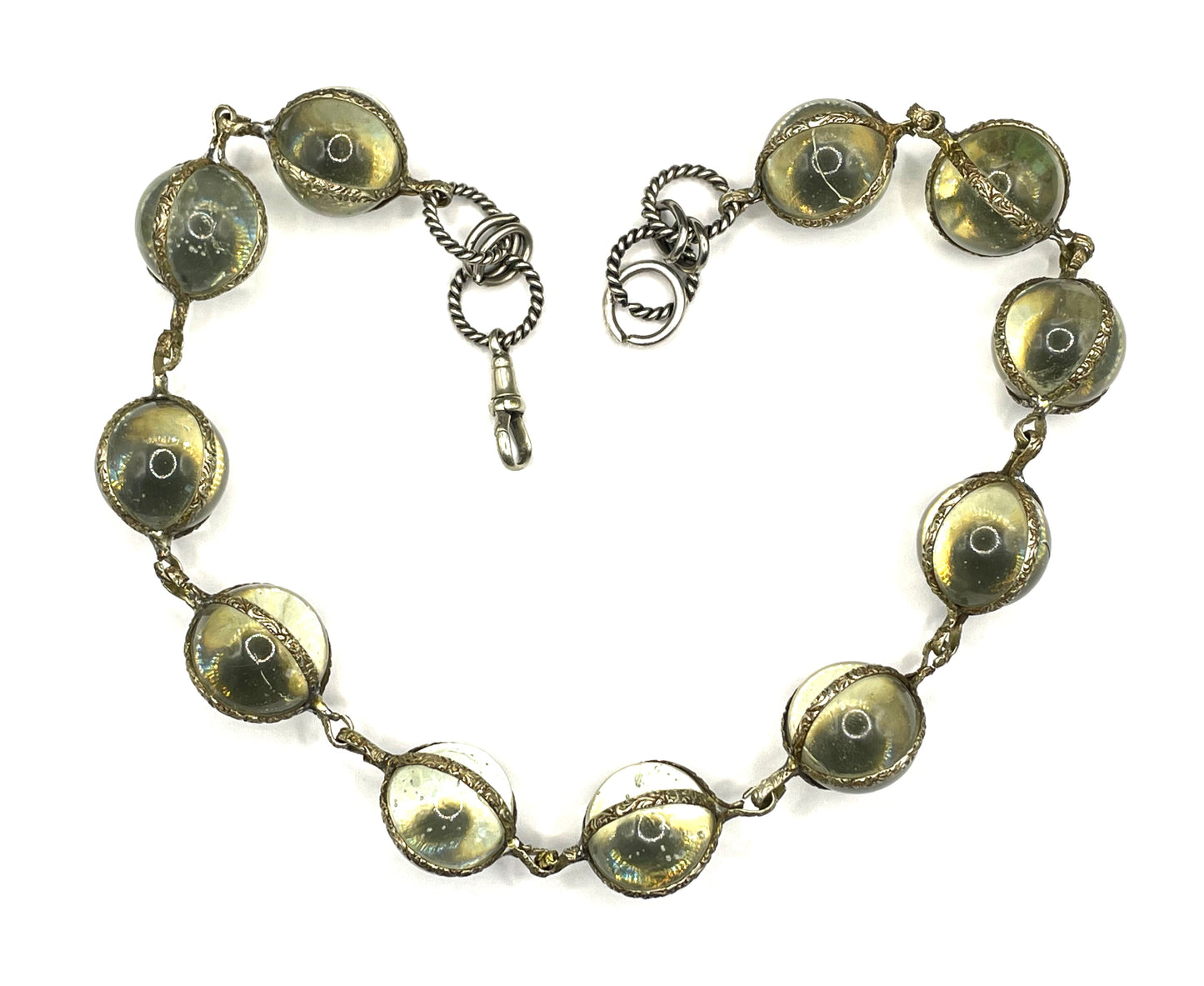 Unusual antique 'pools of light' STYLE choker necklace with undrilled GLASS orbs in ornate, but rustic silver tone settings with subtle gilt