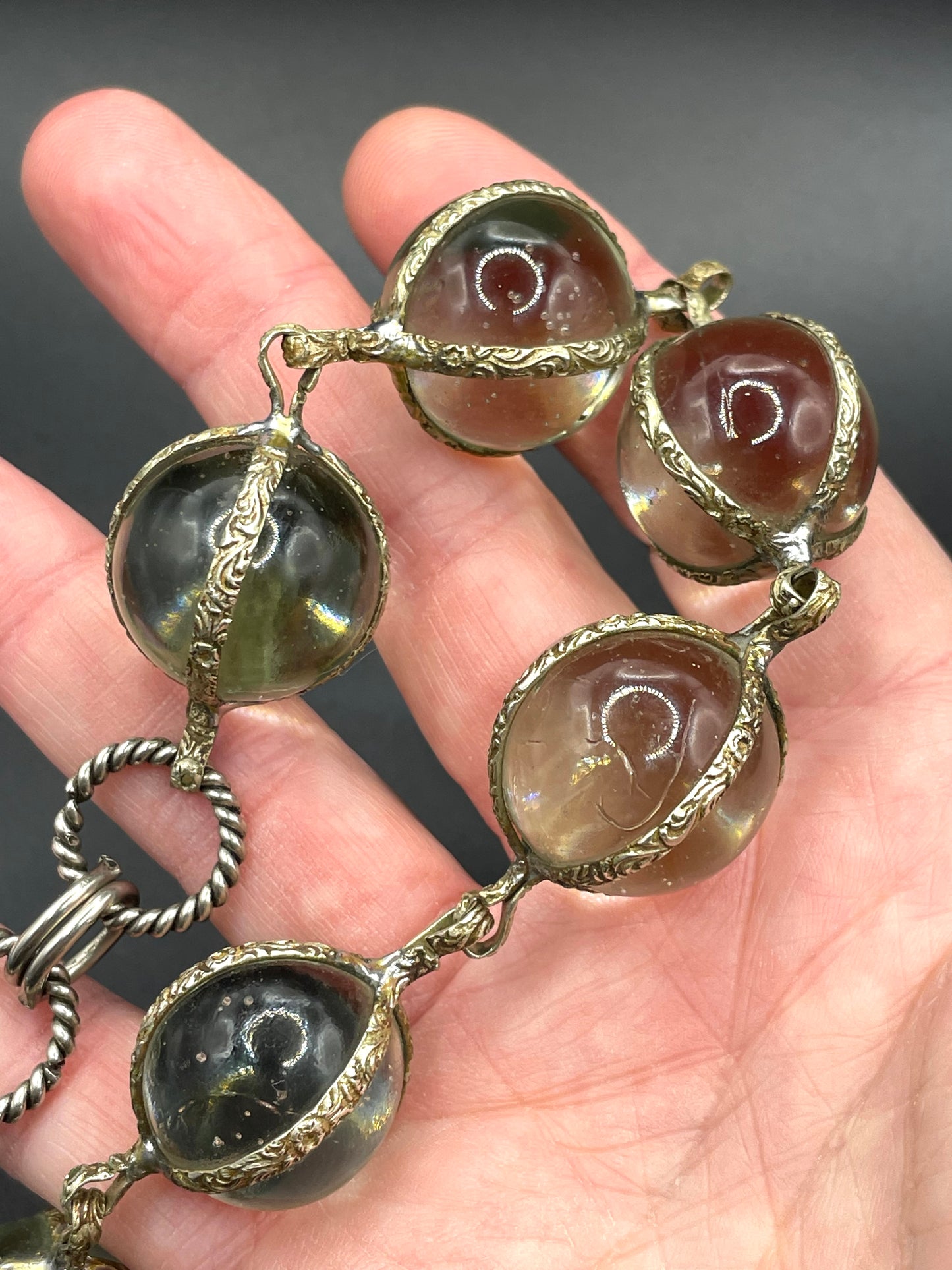 Unusual antique 'pools of light' STYLE choker necklace with undrilled GLASS orbs in ornate, but rustic silver tone settings with subtle gilt